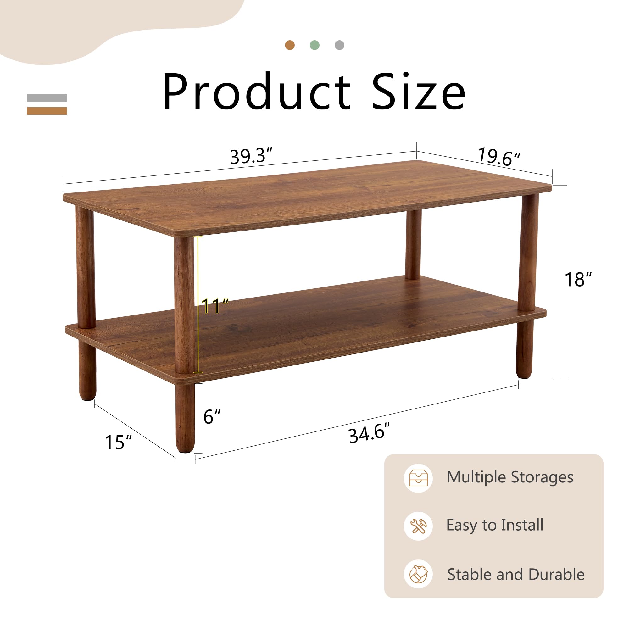 Modern 2-Tier Coffee Table with Storage - Walnut Brown Wooden Center Table for Living Room | Durable Rubberwood Furniture for Home Decor