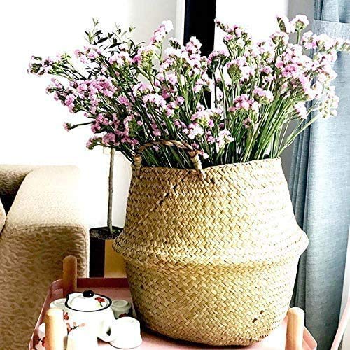 INSO Natural Woven Seagrass Belly Basket - Foldable Storage Basket with Handles for Picnic, Grocery, Laundry, Beach & Plant Storage (2XL, Gray) | Perfect for Home Organization, Nursery Decor & Outdoor Activities