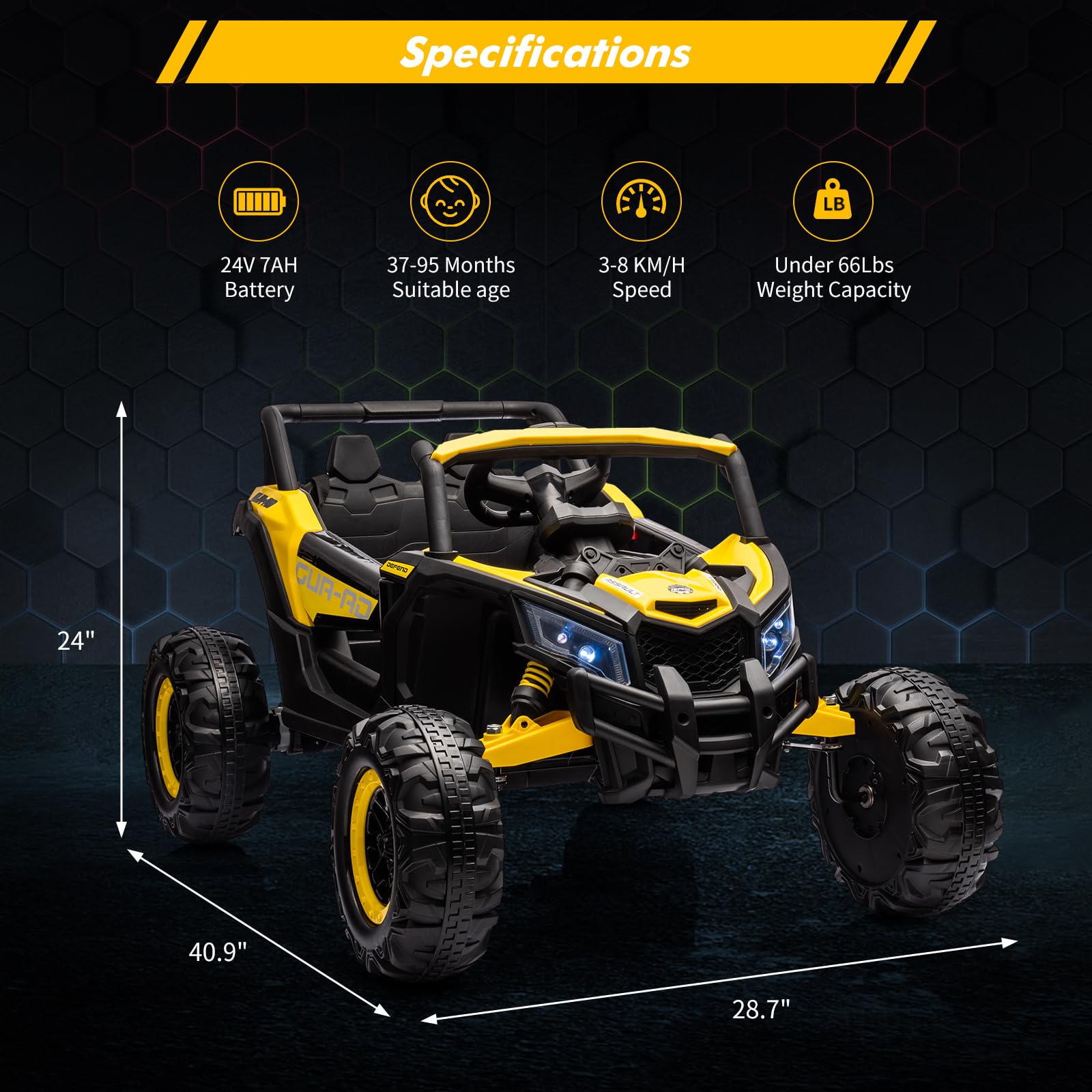 GARVEE 24V Kids Electric Ride On UTV Car with Remote Control - 200W Motor, Spring Suspension, LED Lights & Music - Yellow Off-Road Toy for Boys & Girls Ages 3-8 - Perfect for Backyard, Park & Indoor Play