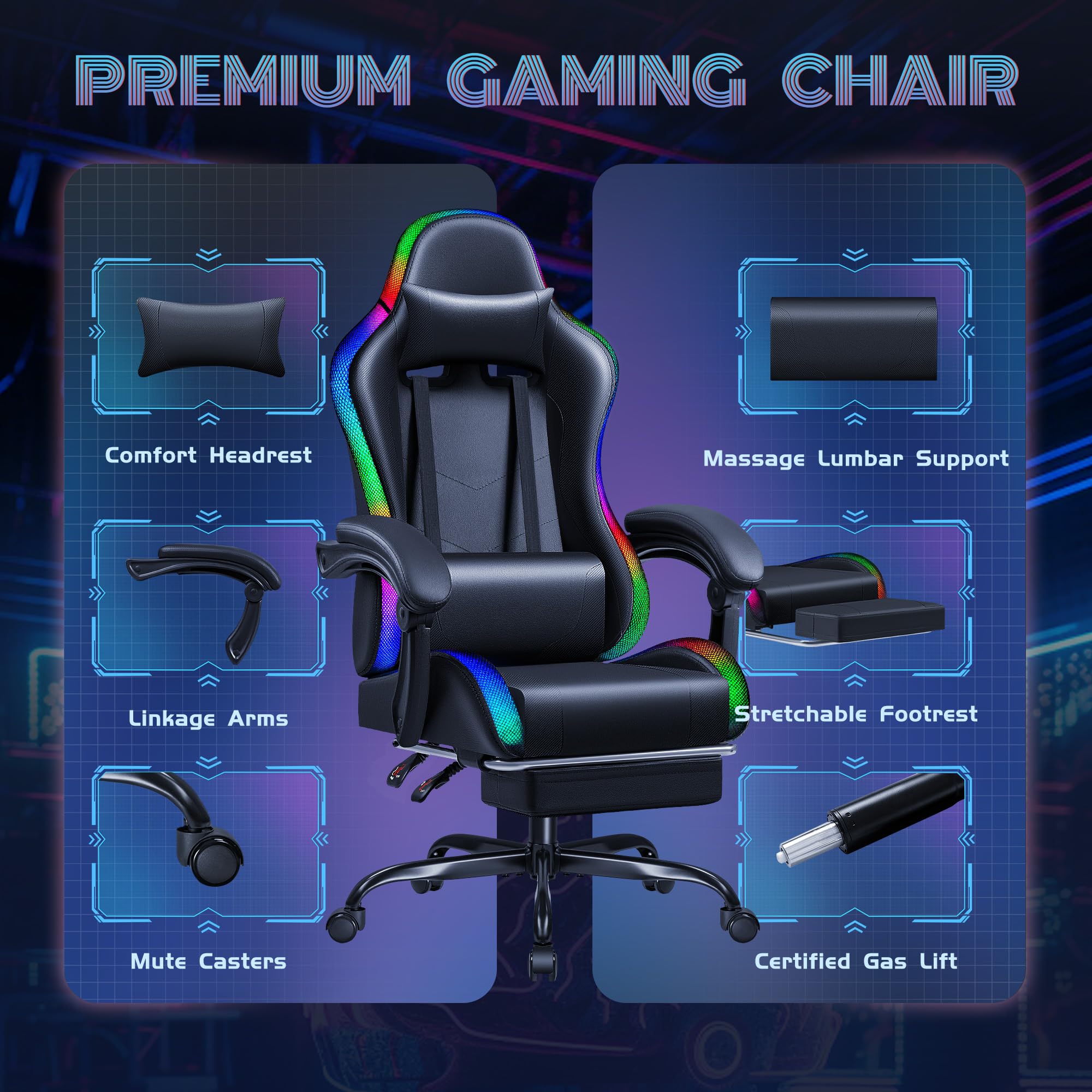 Furmax Ergonomic Gaming Chair with RGB LED Lights, Massage & Footrest - High Back Reclining Computer Chair with Headrest & Lumbar Support - Swivel Gamer Chair for PC, Console & Office (LED Black) - Perfect for Esports, Streaming & Long Gaming Sessions