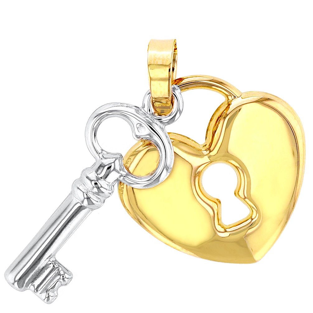 14K Yellow Gold Heart & White Gold Love Key Pendant Necklace - Cable, Curb, or Figaro Chain Options - Perfect for Valentine's Day, Anniversary & Romantic Gifts