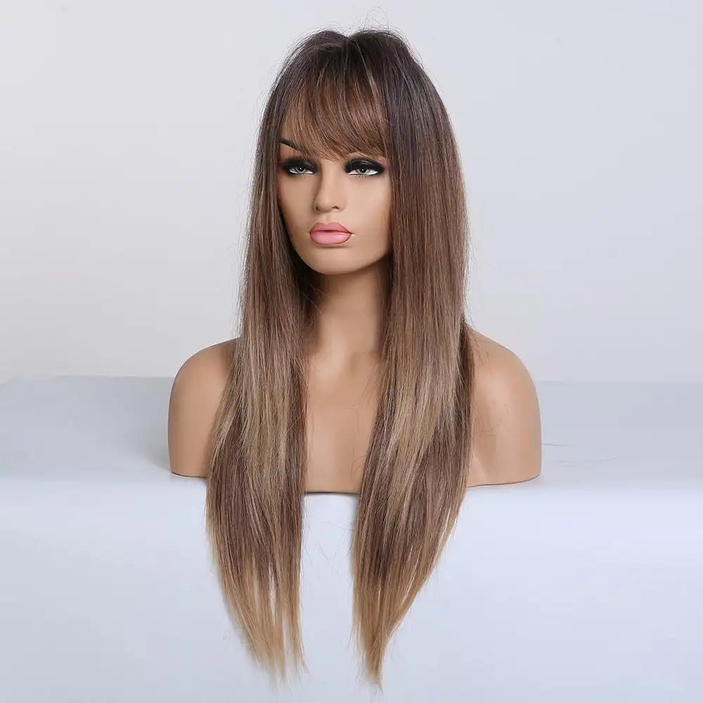 Ombre Long Straight Wig with Tipped Ends & Bangs - Natural Look for Cosplay, Halloween, and Daily Wear