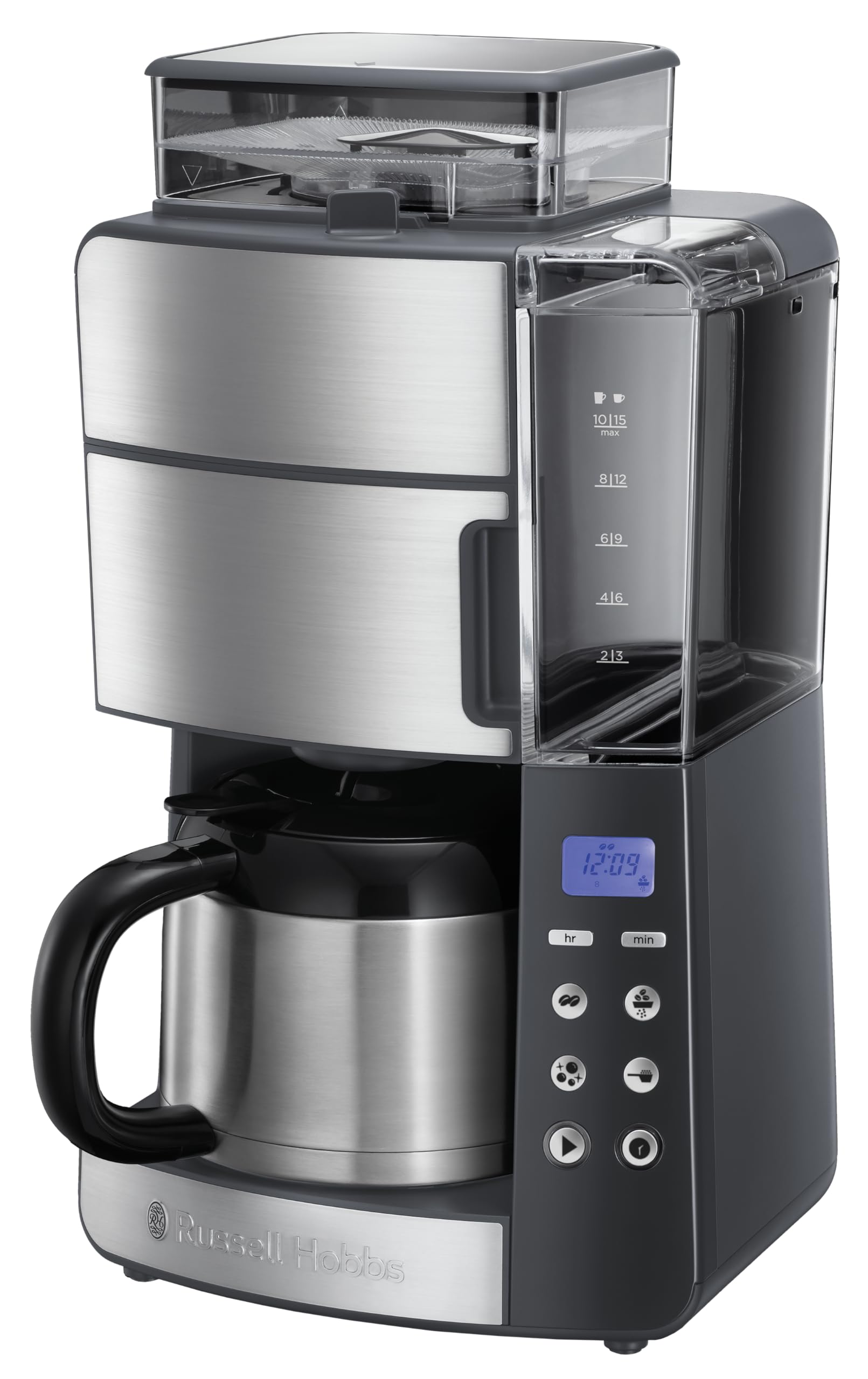 Russell Hobbs American Coffee Maker with Built-in Grinder - Digital Timer, Optimal Extraction & Aroma Filter - Thermal Carafe (10 Cups Max, 3 Grind Levels, Grind & Brew 25620-56) - Perfect for Home, Office, or Entertaining Guests