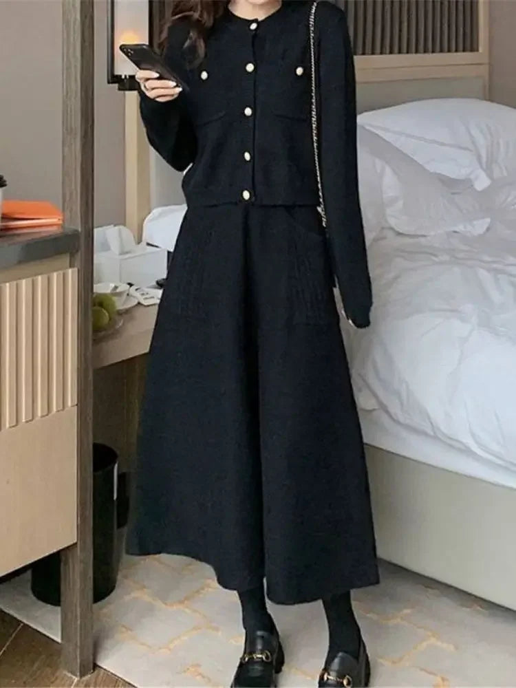 Women's High Waist Wool Knit Skirt - Warm Winter Long Skirt with Pockets, Loose Fit Mid-Calf Length Solid Color (B790) | Perfect for Office Wear, Casual Outfits & Holiday Season