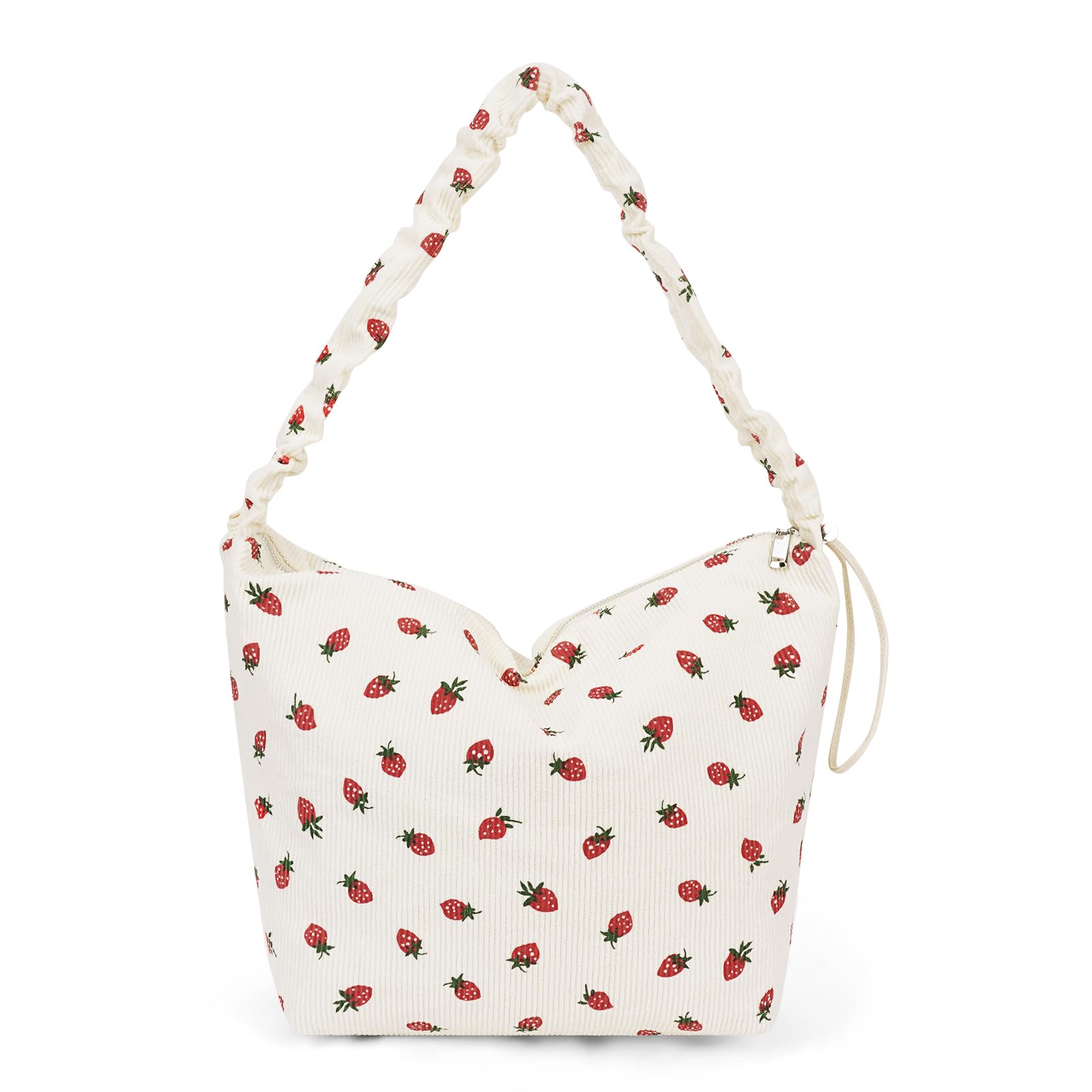 Strawberry Print Corduroy Tote Bag for Women - Cute Zippered Shoulder Purse, Aesthetic Hobo Bag | Perfect for Work, Shopping & Daily Use