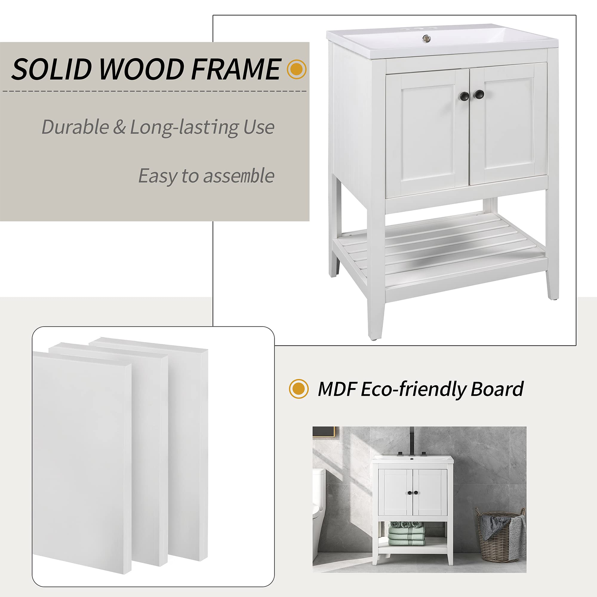 Modern White Bathroom Vanity with Ceramic Sink & Solid Wood Frame - Open Shelf Design for Small Bathrooms, Powder Rooms & Guest Baths - Perfect for Contemporary Home Decor & Space-Saving Storage Solutions