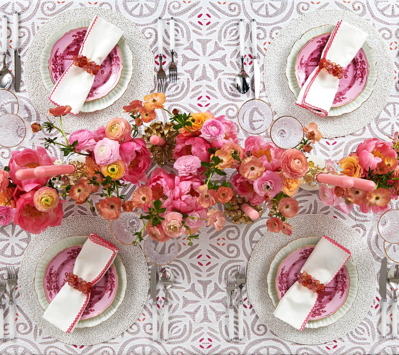 Casbah Napkin Set - 12 Pack White & Pink Cotton Dinner Napkins for Formal Dining, Parties & Everyday Use