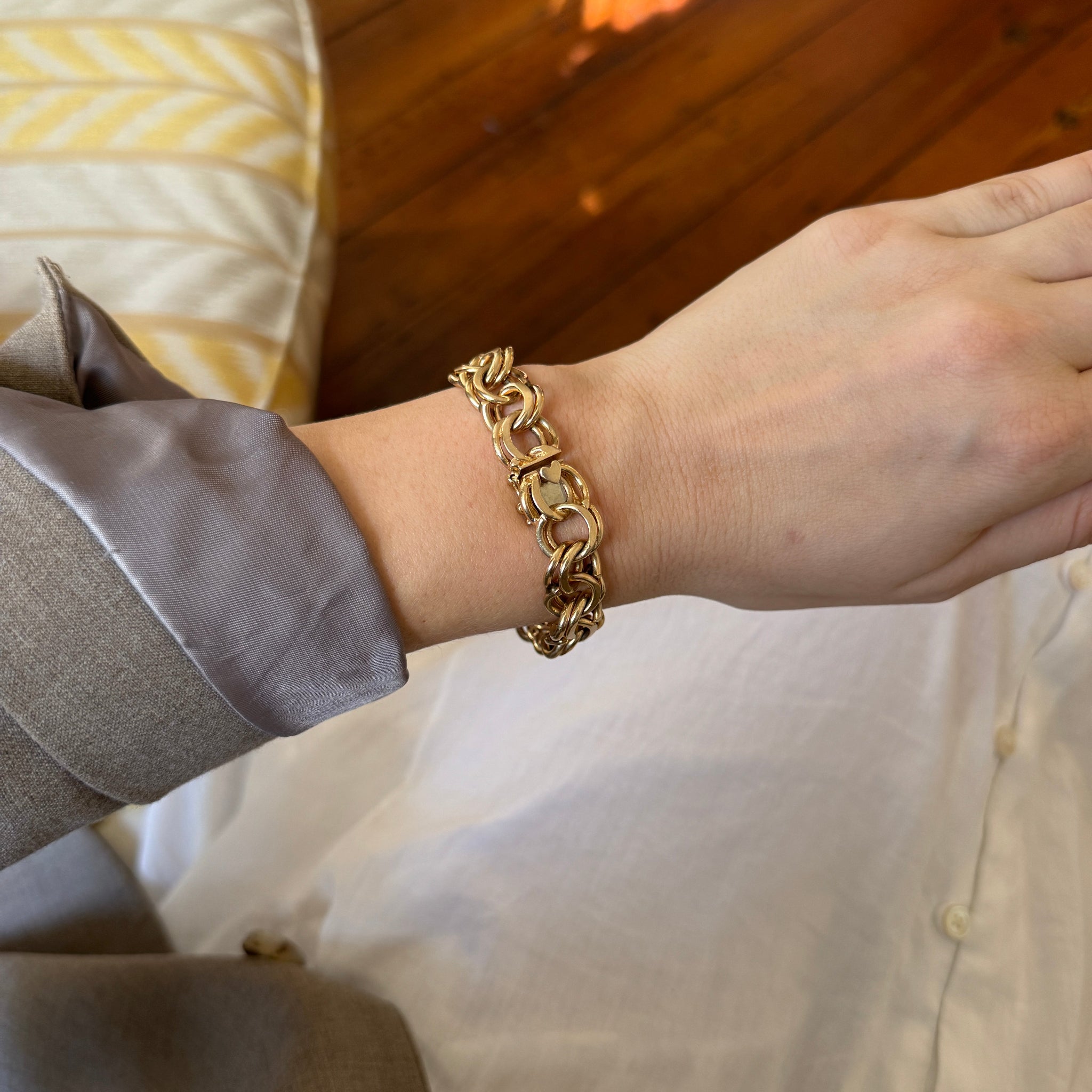 Vintage 14K Yellow Gold Heavy Double Link Charm Bracelet for Women - Elegant Jewelry Gift for Anniversary, Birthday & Special Occasions