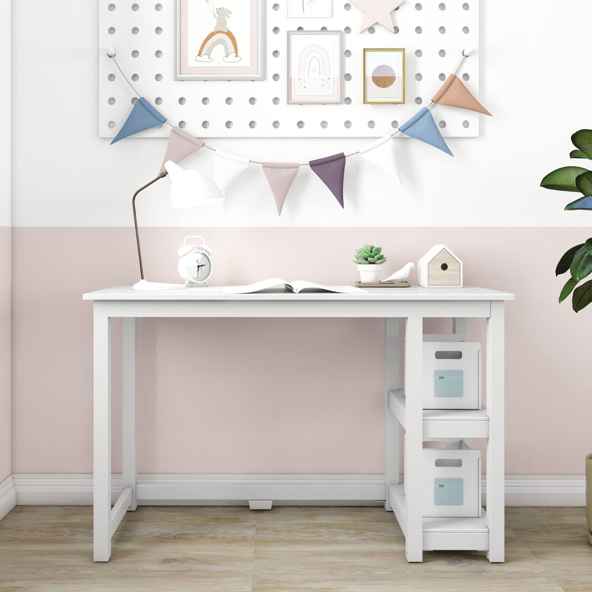 Max & Lily 47 Inch Solid Wood Study Desk with Storage Shelves - White - Perfect for Home Office, Kids Room, and Dormitory Organization