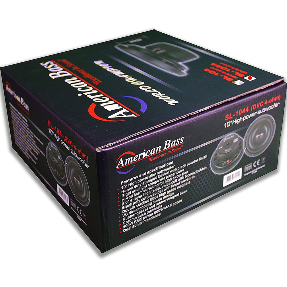 American Bass SL1044 10 Inch Shallow Car Subwoofer - 300W RMS/600W Max Power, Dual 4 Ohm Voice Coils - Perfect for Truck, SUV & Compact Car Audio Systems