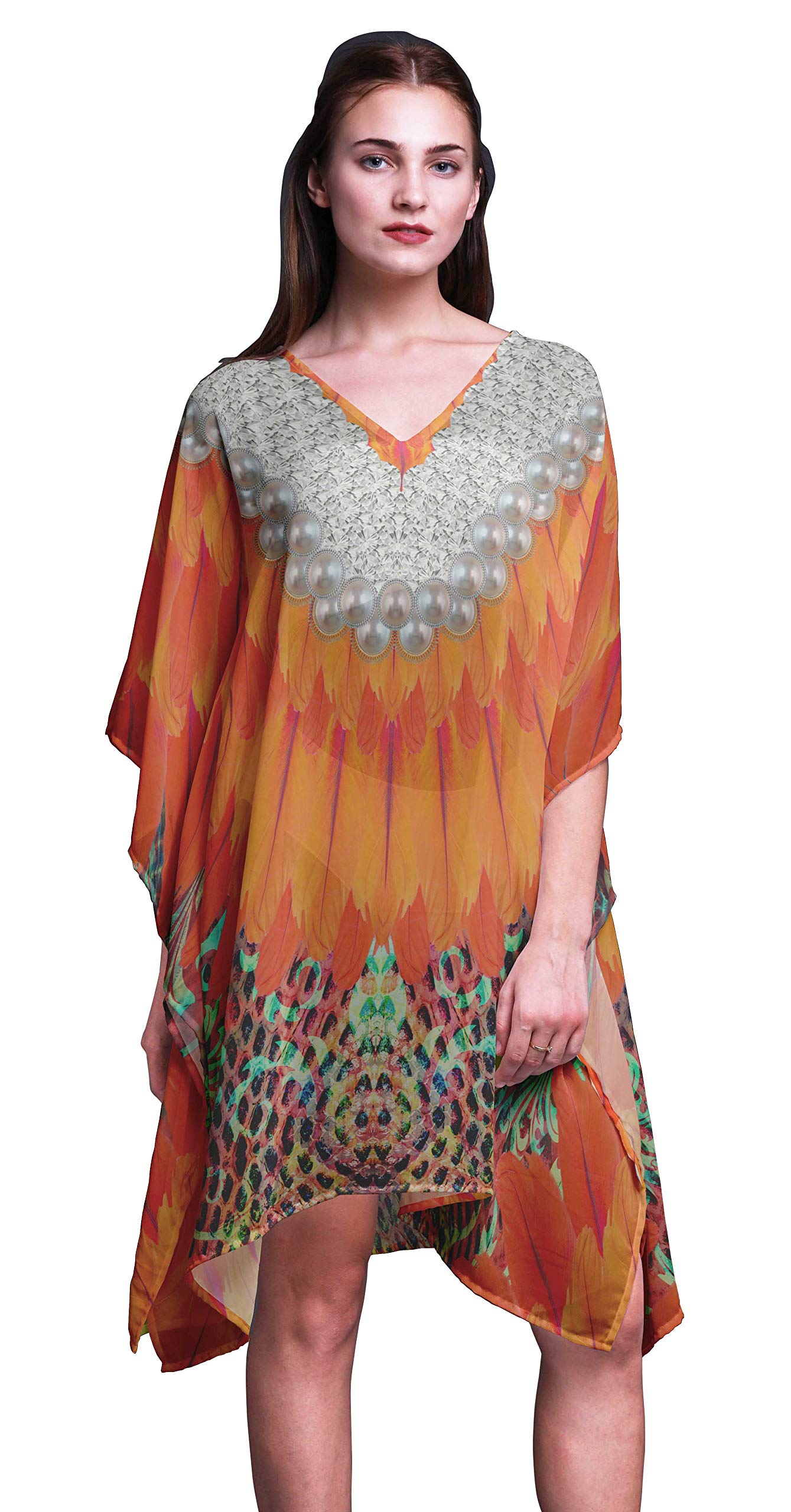 Women's Floral Short Beach Kaftan - Lightweight Bikini Cover Up Dress with Pockets, Summer Beachwear Swimwear Coverup for Pool, Vacation & Tropical Getaways