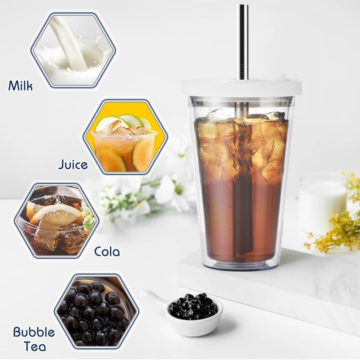 ALINK 450ml Clear Bubble Tea Cup with Lid & Straw - Leakproof Double Wall Insulated Plastic Tumbler for Smoothies, Iced Coffee & Boba Drinks - Perfect for Home, Office & Takeout