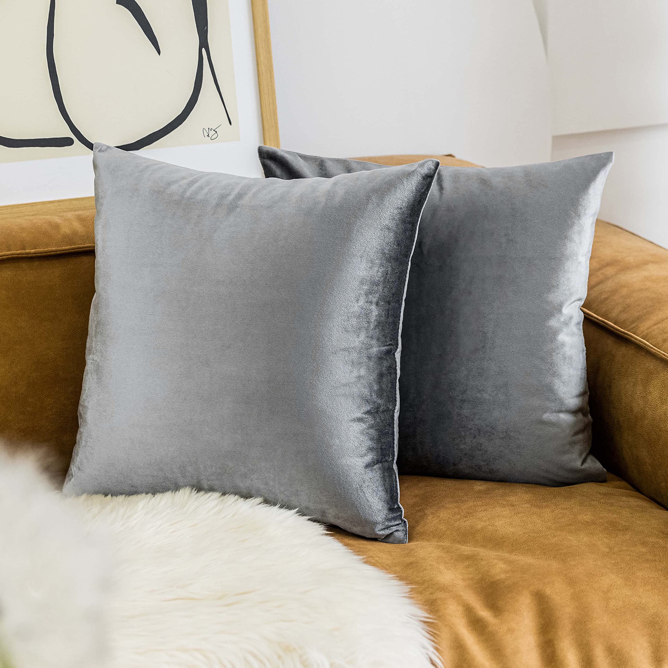 Luxury Velvet Decorative Pillow Covers Set of 2 - 24x24 Inch Sofa Couch Throw Pillow Cases for Living Room, Bedroom & Bench (Gunmetal Grey) - Soft & Stylish Home Decor Accent for Cozy Comfort
