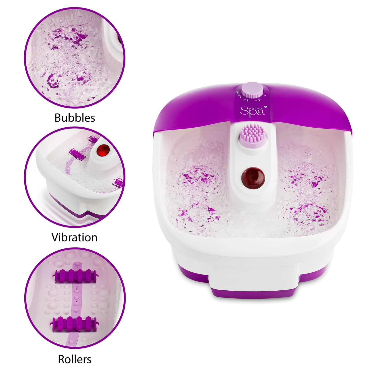 Sensio Spa Foot Massager with Heat, Bubbles & 9 Accessories - Home Pedicure Bath for Relaxation & Therapy - Perfect for At-Home Spa, Post-Workout Recovery & Self-Care (White & Purple)