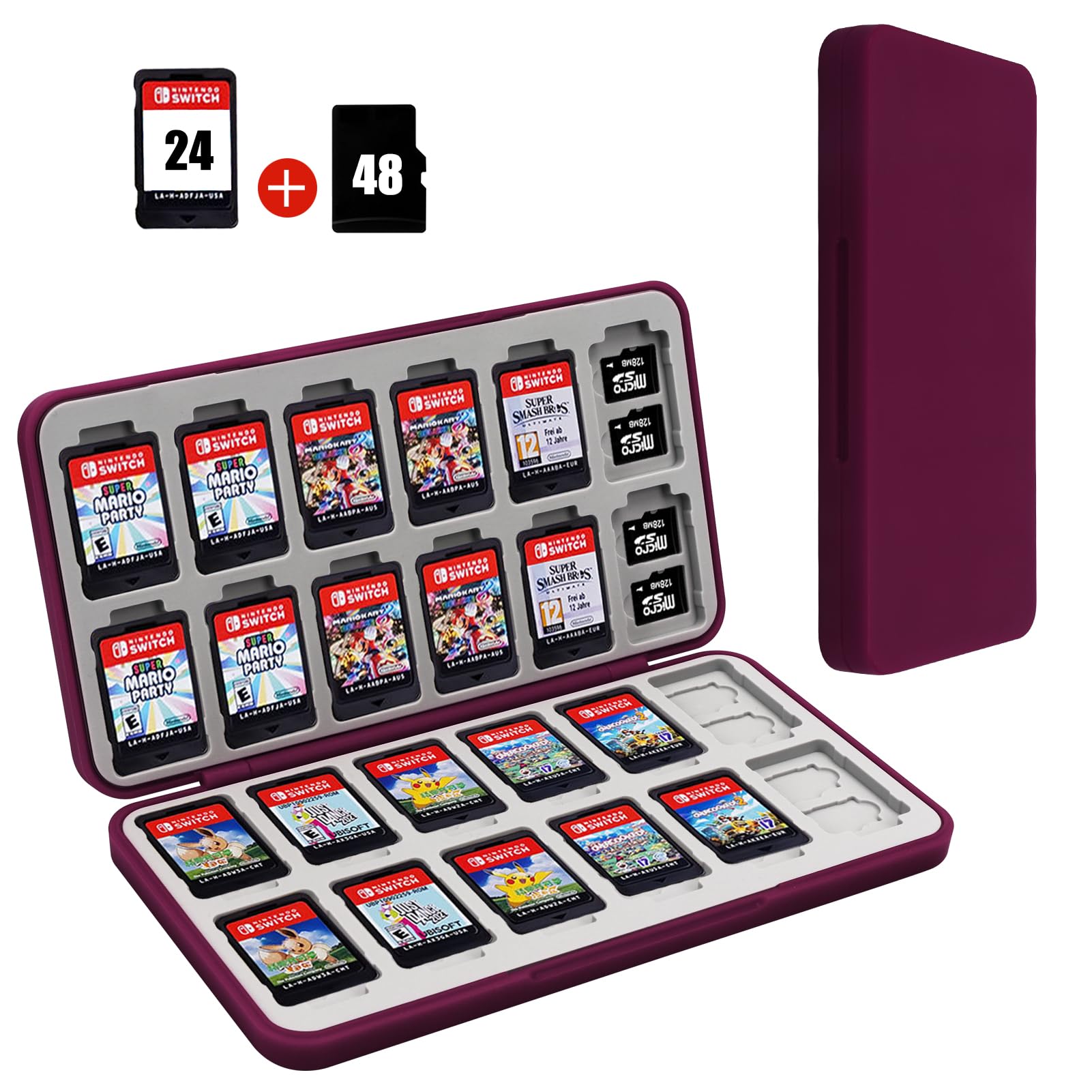 FYY Nintendo Switch Game Case - 24 Card Slots Hard Shell Cartridge Holder with Silicone Lining for Switch Games (Wine Red) - Perfect for Travel, Storage & Organizing Switch Game Collection
