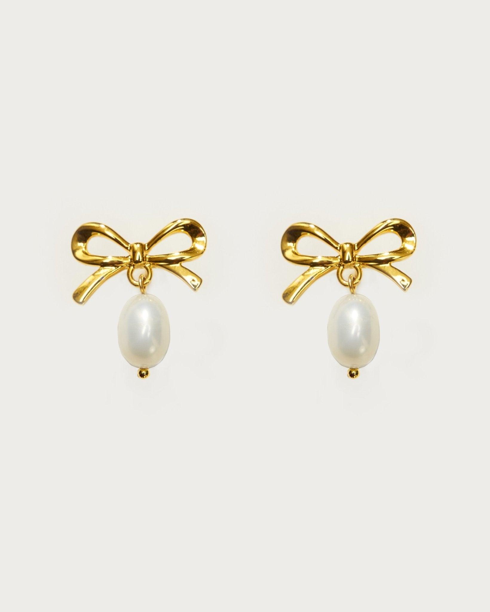 Elegant Gold Ribbon Pearl Earrings for Women - Classic Dangle Drop Jewelry for Weddings, Parties & Special Occasions