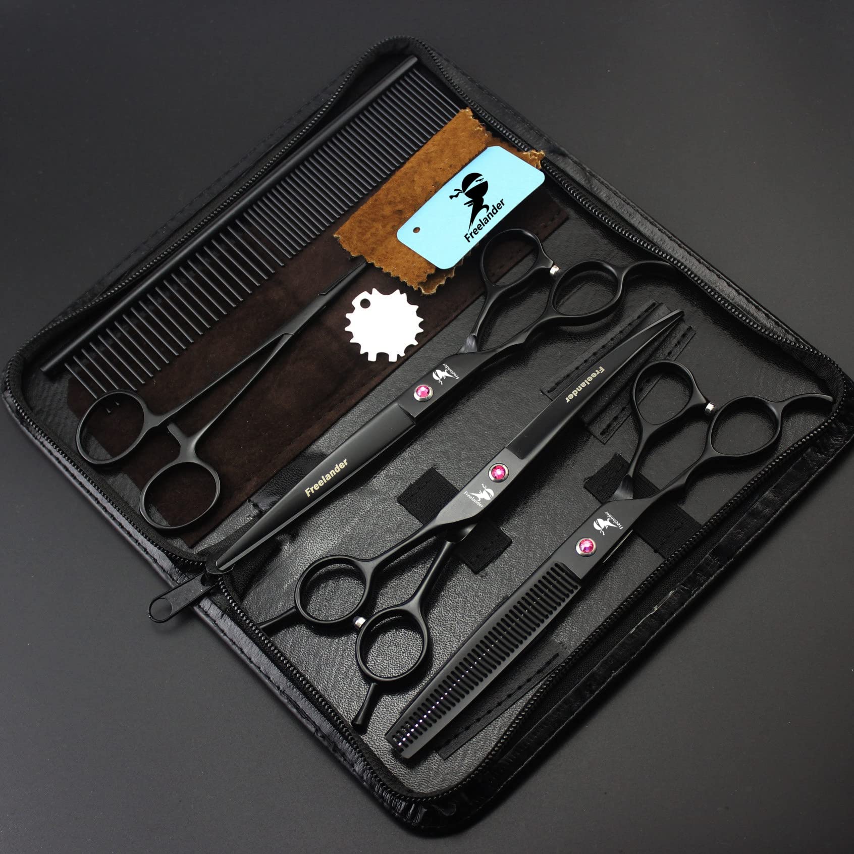Freelander 7-Inch Left-Handed Dog Grooming Scissors Kit - Curved & Thinning Shears for Professional Pet Hair Cutting with Storage Bag | Perfect for Home Grooming & Professional Pet Stylists