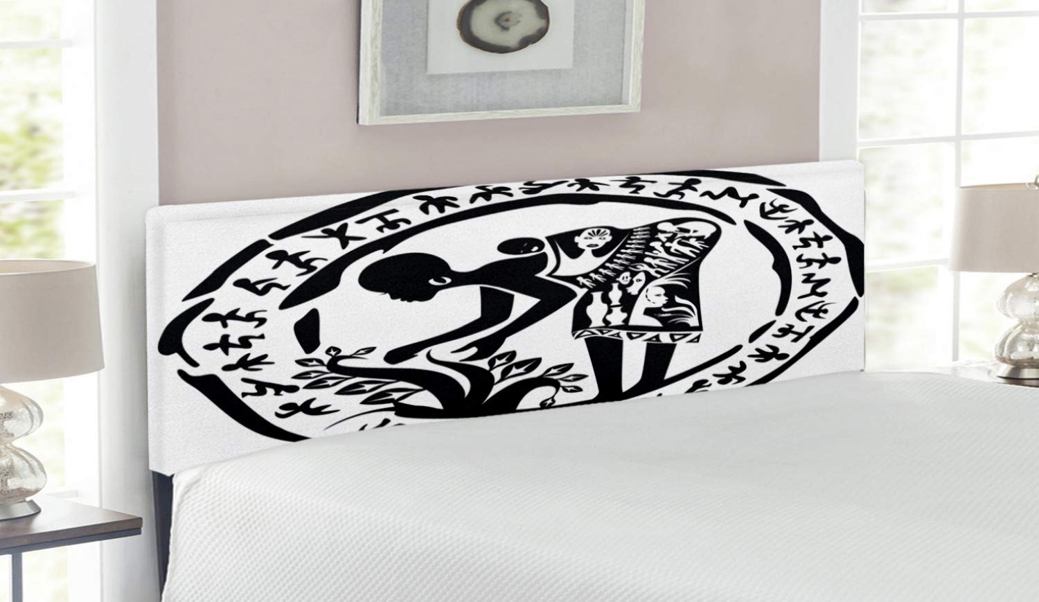 Ambesonne African Queen Size Headboard - Round Ring Shaped Upholstered Metal Frame with Prehistoric Woman Agriculture Art, Black & White Memory Foam Bed Headboard | Perfect for Bedroom Decor, Farmhouse Style Homes & Tribal Themed Interiors