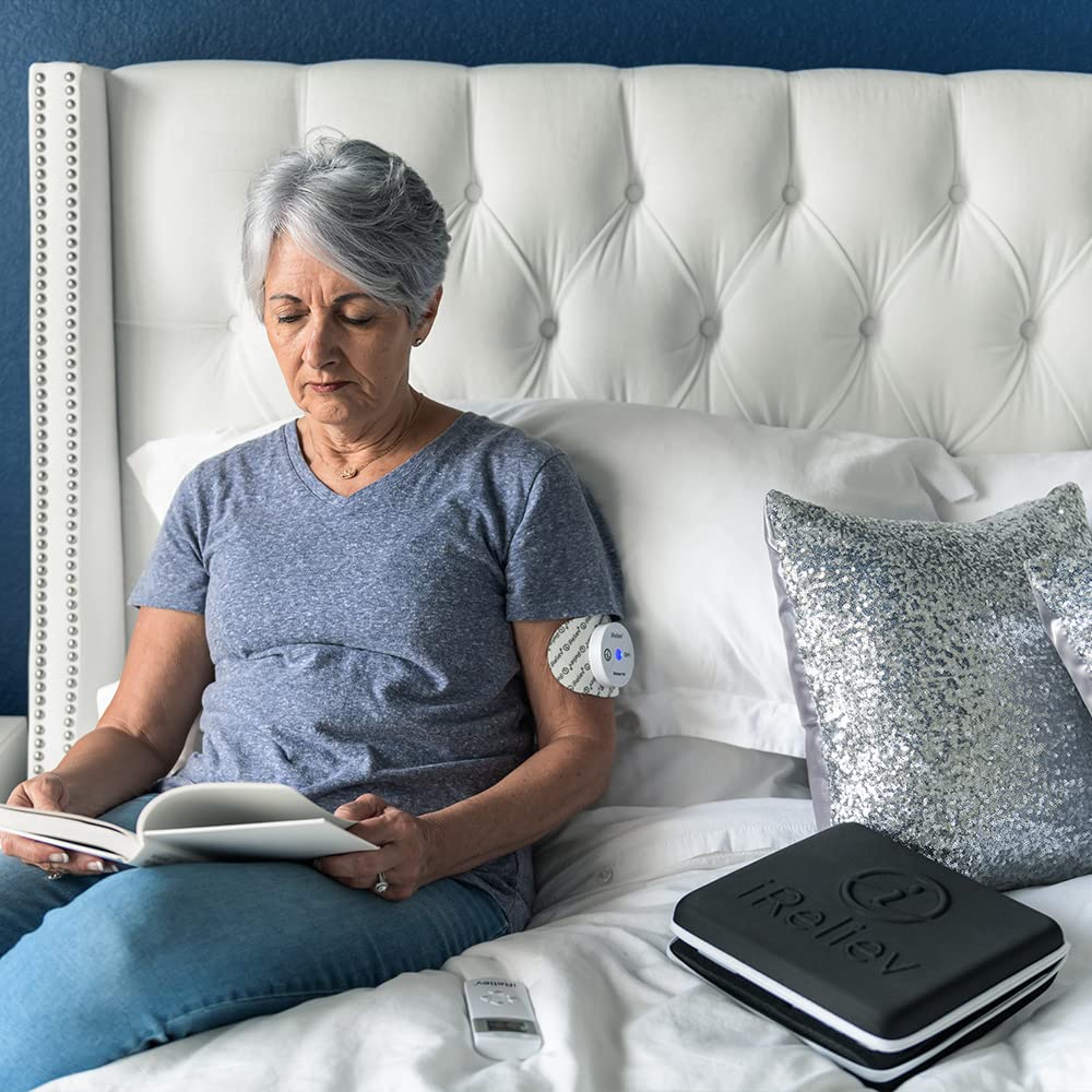 iReliev Wireless TENS + EMS Therapy Device - Pain Relief & Muscle Stimulator for Arthritis, Back Pain, Sore Muscles - Portable Wearable System with 4 Receiver Pods & Case - Perfect for Home Use, Workouts, and Post-Surgery Recovery