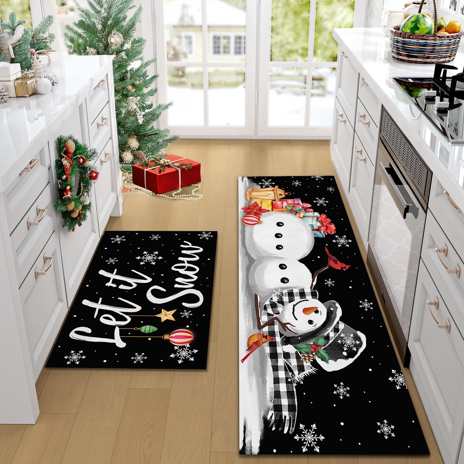 Winter Snowman Kitchen Rugs Set - Non-Slip Christmas Mats for Holiday Decor