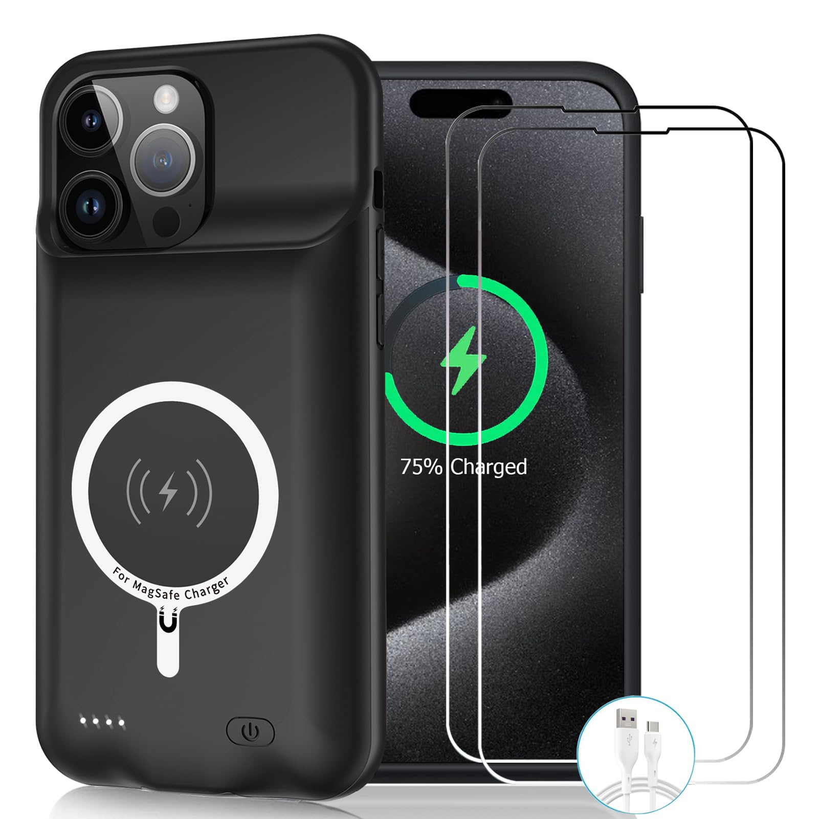 iPhone 15 Pro Max Wireless Charging Case - 12000mAh High Capacity Battery Pack with Qi Wireless Charging | Portable Extended Battery Charger for iPhone 15 Pro Max (6.7 inch) | Perfect for Travel, Work & Outdoor Activities (Black)