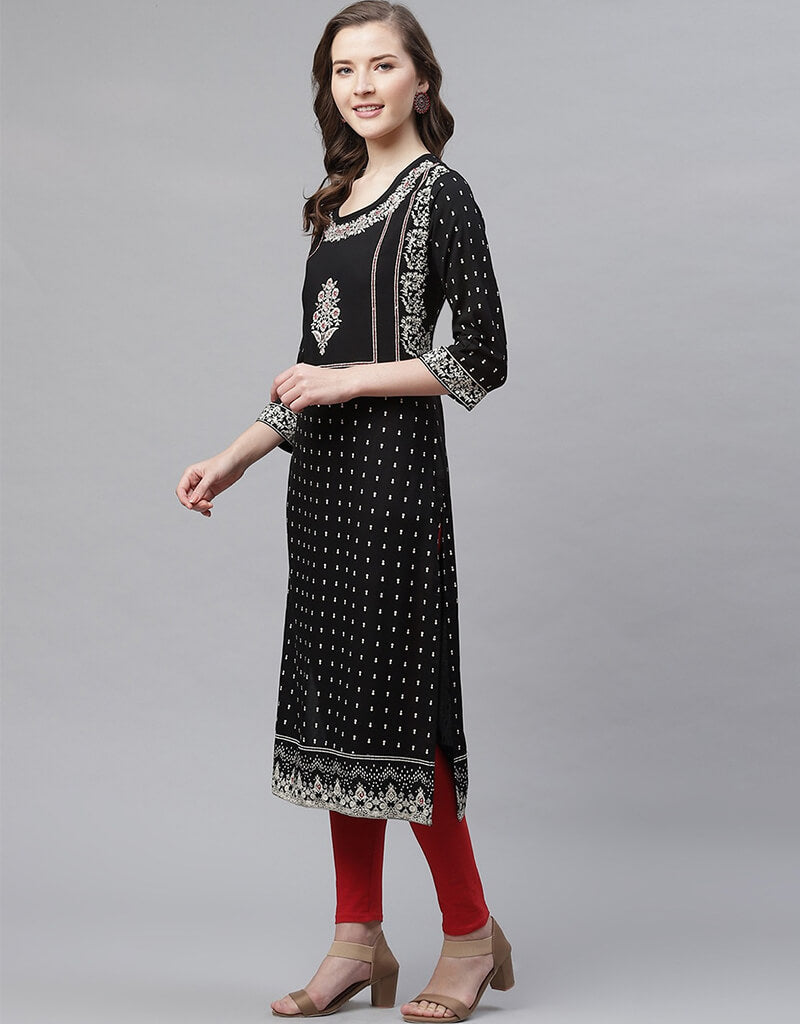 Stylish Black Viscose Rayon Anarkali Kurti for Women - Elegant Indian Ethnic Dress for Parties, Weddings & Festive Occasions