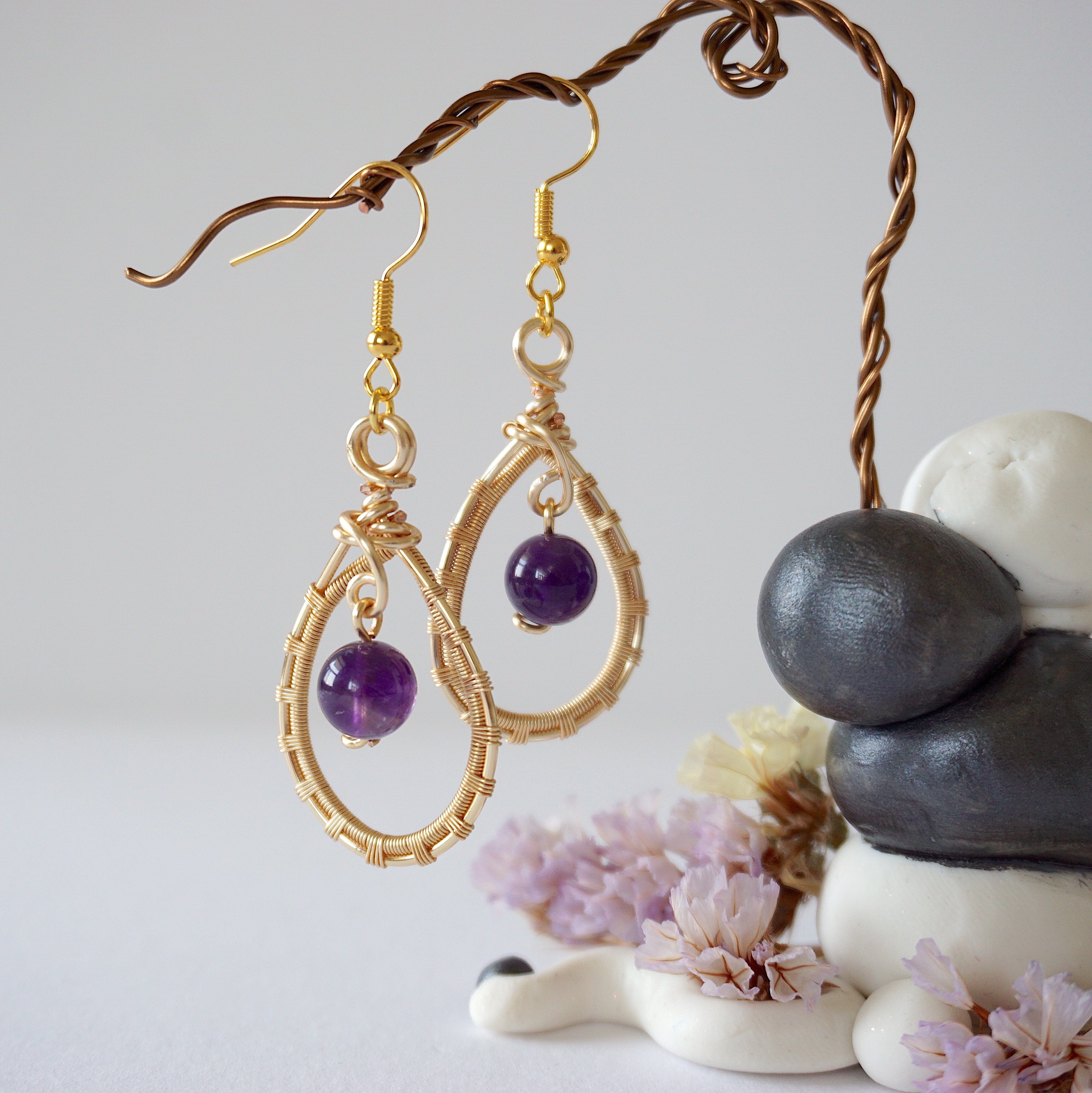 Amethyst Round Wire Earrings - Gold Plated Dangle Earrings for Women | Elegant Jewelry Gift for Birthday, Wedding & Party | Hypoallergenic & Tarnish-Free