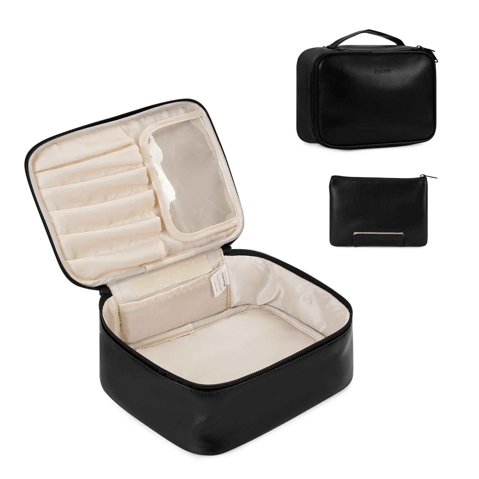 Narwey Vegan Leather Travel Makeup Bag for Women - Large Cosmetic Organizer with Small Pouch for Toiletries & Accessories (Black) | Perfect for Vacation, Gym & Daily Essentials Storage