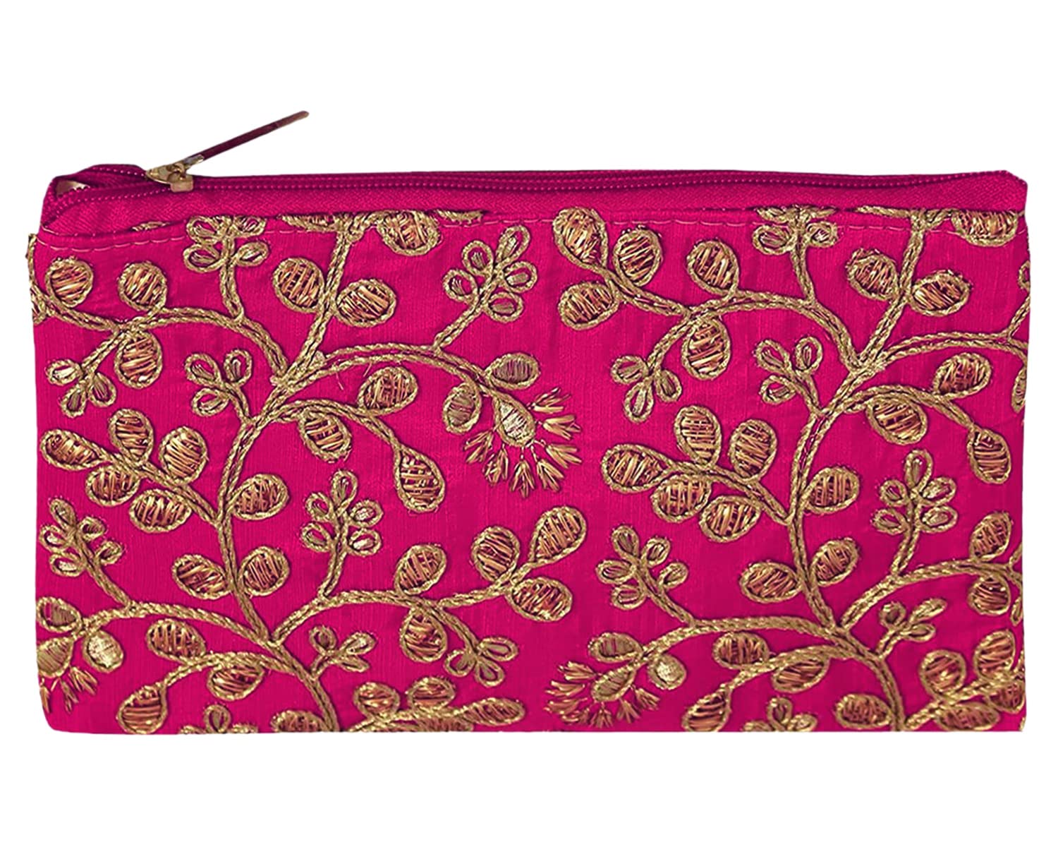 Heart Home Women's Embroidered Silk Small Wallet Purse with Back Zip - Stylish Pink Clutch for Evening Parties, Weddings & Date Nights