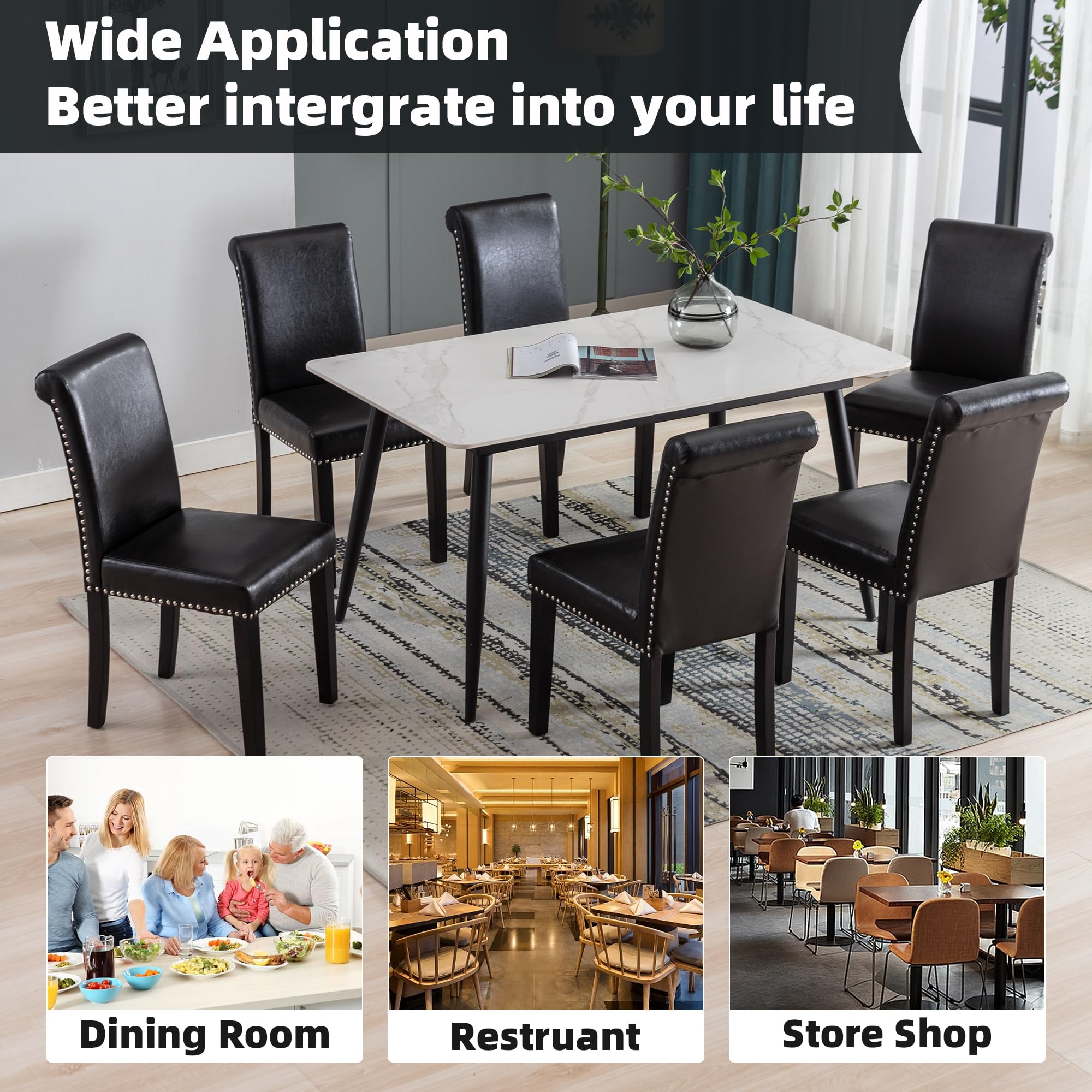 Westice 4-Piece Upholstered PU Leather Dining Chair Set with Nailhead Trim & Rubber Wood Legs - Modern Kitchen Side Chairs for Small Spaces & Apartments - Perfect for Dining Rooms, Breakfast Nooks & Compact Living Areas (Black)
