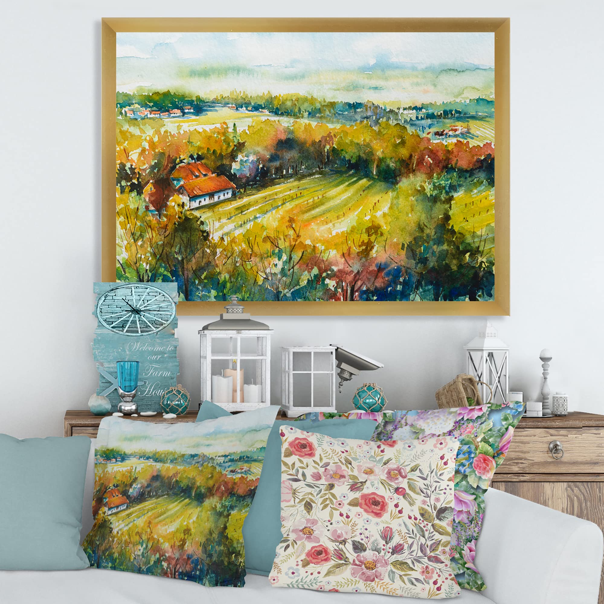 DesignQ Rustic Autumn Landscape Country Framed Wall Art - Farmhouse Decor for Living Room, Bedroom & Office