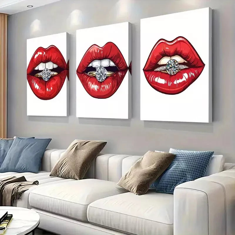 3-Piece Glamorous Red Lips with Diamond Ring Wall Art Set - Framed Canvas 40x60cm (16x24in) - High Quality Print - 100% Australian Made - Ready to Hang - Perfect for Living Room, Bedroom & Office Decor