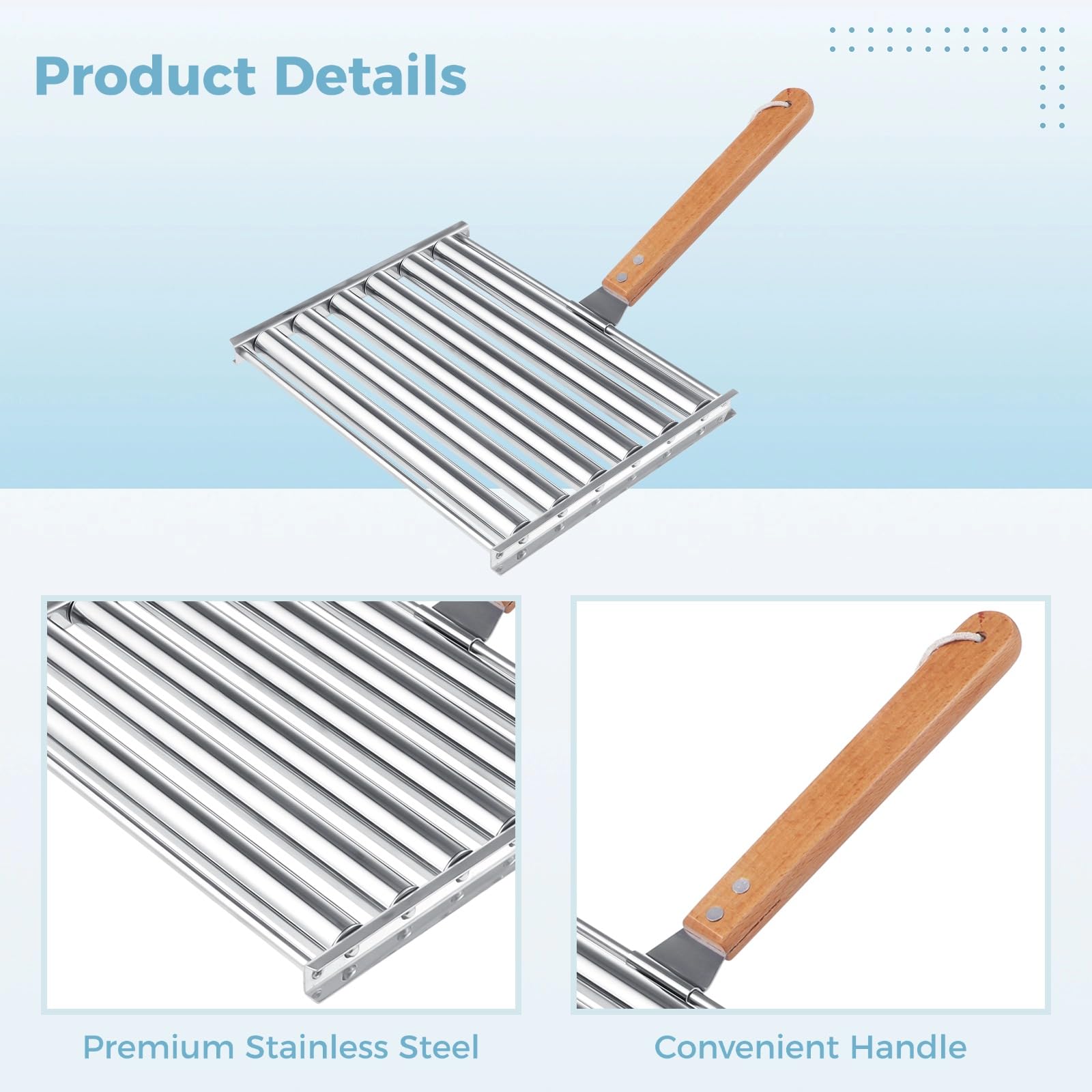 2PCS Stainless Steel Hot Dog Roller Grill with 6PCS BBQ Skewers & Sauce Brush - 9.4 x 7.1 Inch BBQ Sausage Roller Rack with Wood Handle, Perfect for Backyard Grilling, Camping, and Outdoor Barbecue Parties