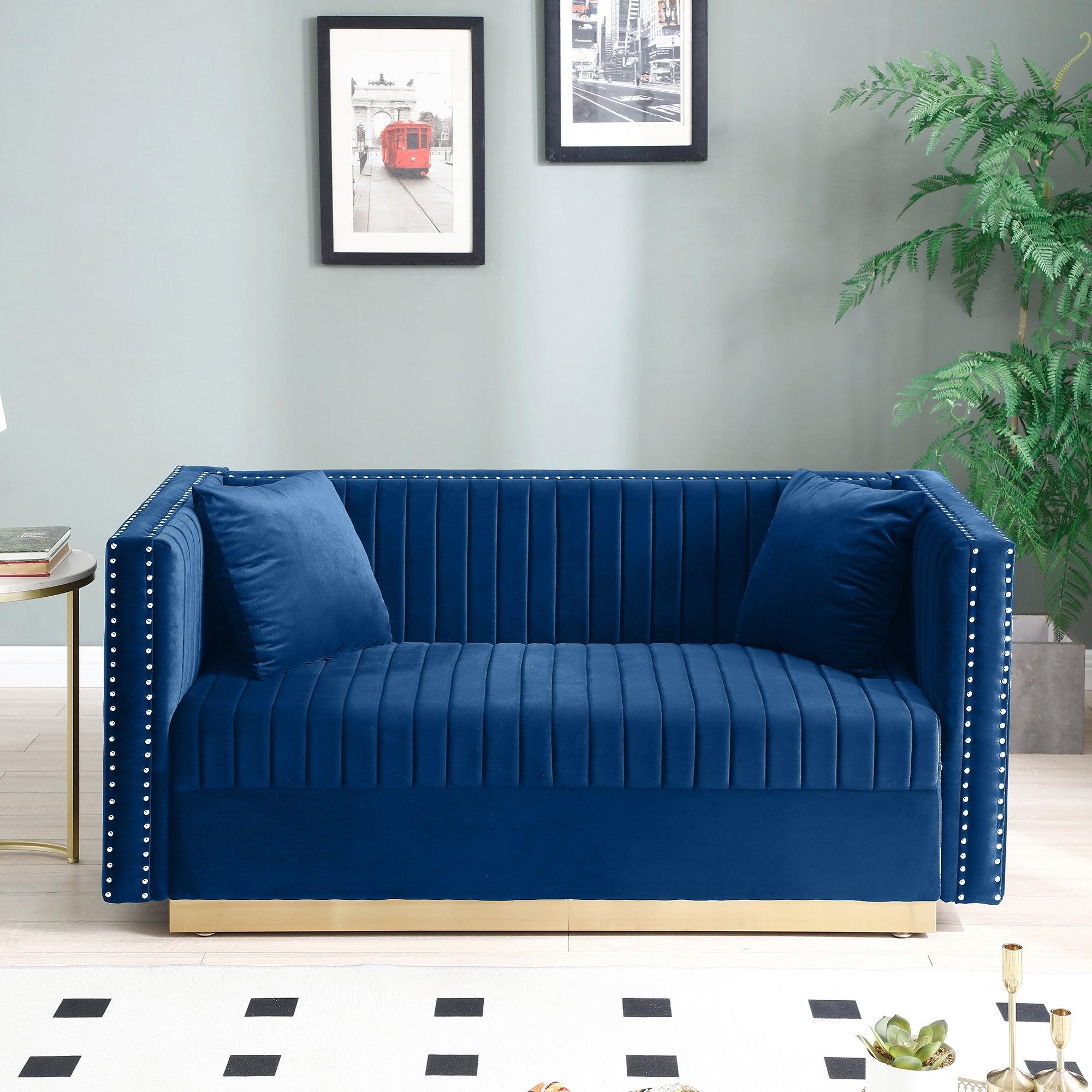 Modern Vertical Channel Tufted Velvet Loveseat - 2-Seater Upholstered Sofa for Living Room & Apartment with 2 Pillows (Blue) | Perfect for Small Spaces, Cozy Lounging & Contemporary Home Decor