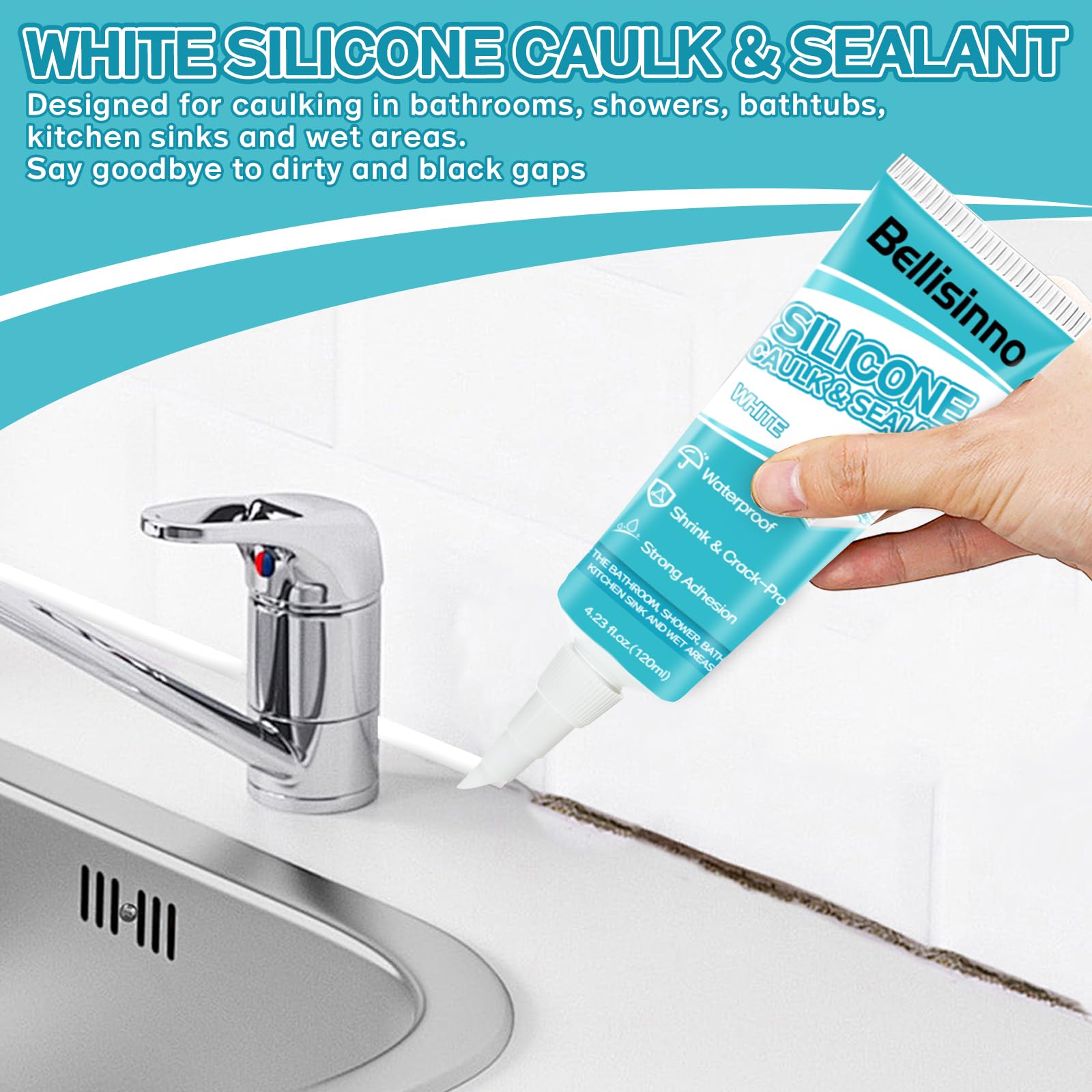 Premium White Silicone Caulk - Waterproof, Shrink & Crack Proof Sealant for Showers, Bathrooms, Bathtubs, Kitchens & Sinks - 8.46 fl.oz (120ml x 2) - Perfect for Sealing Gaps, Waterproofing & Home Repairs