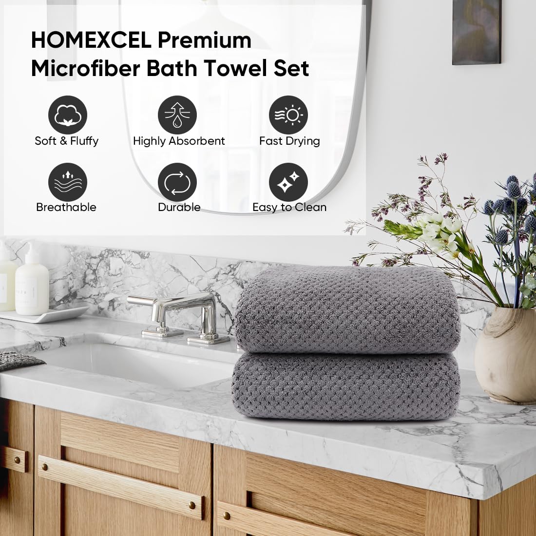 Premium HOMEXCEL Microfiber Bath Towel Set - 2 Pack Ultra Soft & Highly Absorbent (27