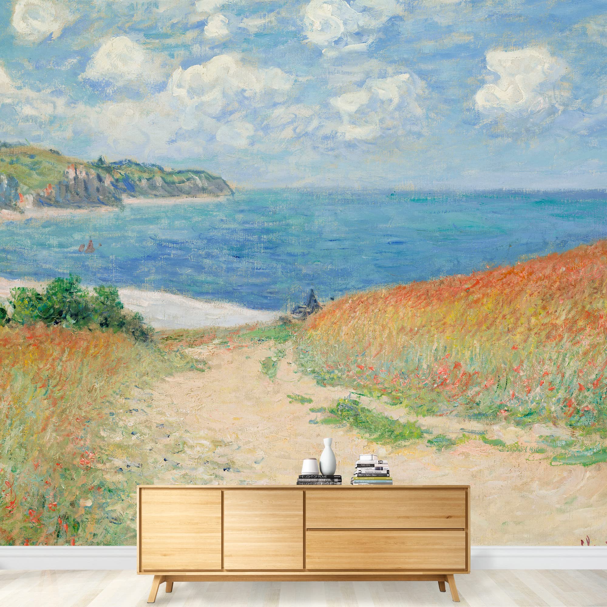 Claude Monet Path Through The Corn at Pourville Wall Mural - French Impressionist Landscape Art - Large 66x96 Inch Removable Peel & Stick Wallpaper - Home Decor for Living Room, Bedroom, Office