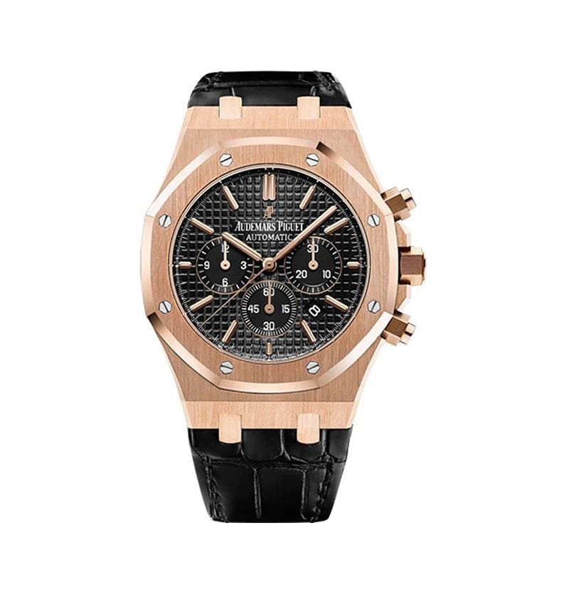 Audemars Piguet Royal Oak 26320OR.OO.D002CR.01 Men's Automatic Chronograph Watch - 18K Rose Gold Case, Black Dial, Leather Strap - Luxury Dress Watch for Business & Formal Occasions