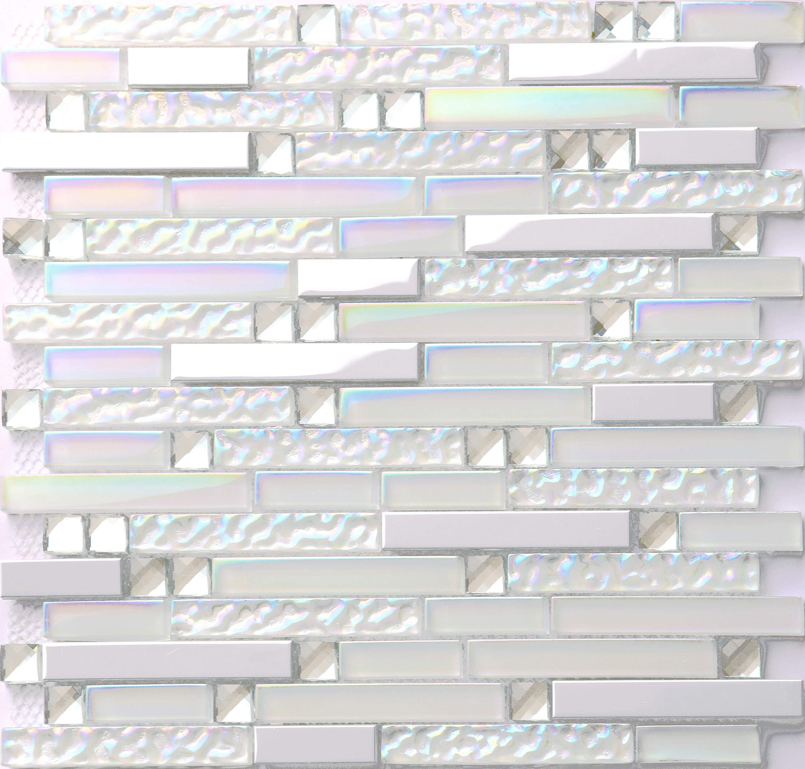 Iridescent White Glass & Shiny Silver Stainless Steel Linear Mosaic Backsplash Tile - Interlocking Strips for Bathroom & Kitchen Wall (11 Sq Ft) - Waterproof, Easy to Clean, Modern Home Decor