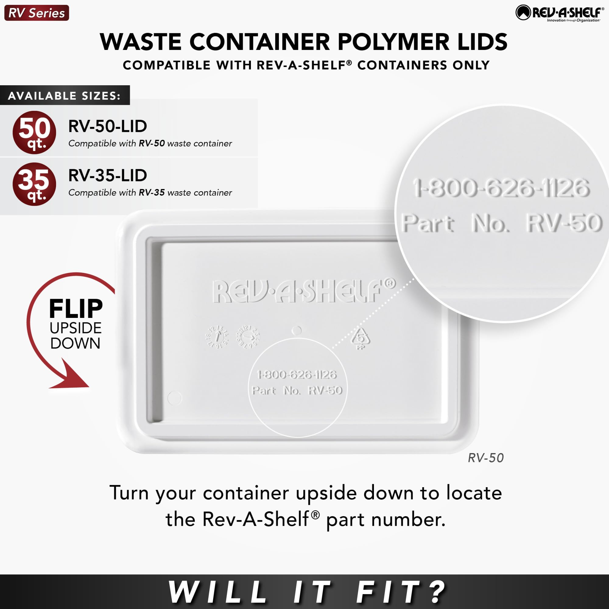 Rev-A-Shelf 35 Quart Replacement Garbage Can Lid - Black Plastic Trash Bin Cover for Kitchen & Bathroom Cabinets, RV-35-LID-18-1 - Perfect for RV, Home, and Office Organization