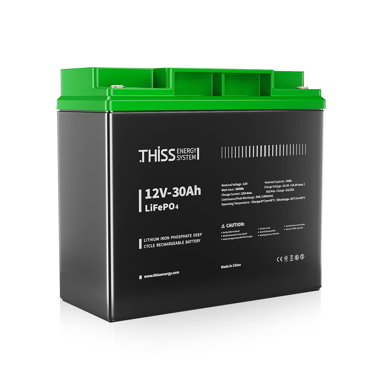 THISS 12V 30Ah LiFePO4 Deep Cycle Lithium Battery with BMS - 4000+ Rechargeable Cycles - Perfect for Home Backup Power, RV, Solar System & Trolling Motor Applications