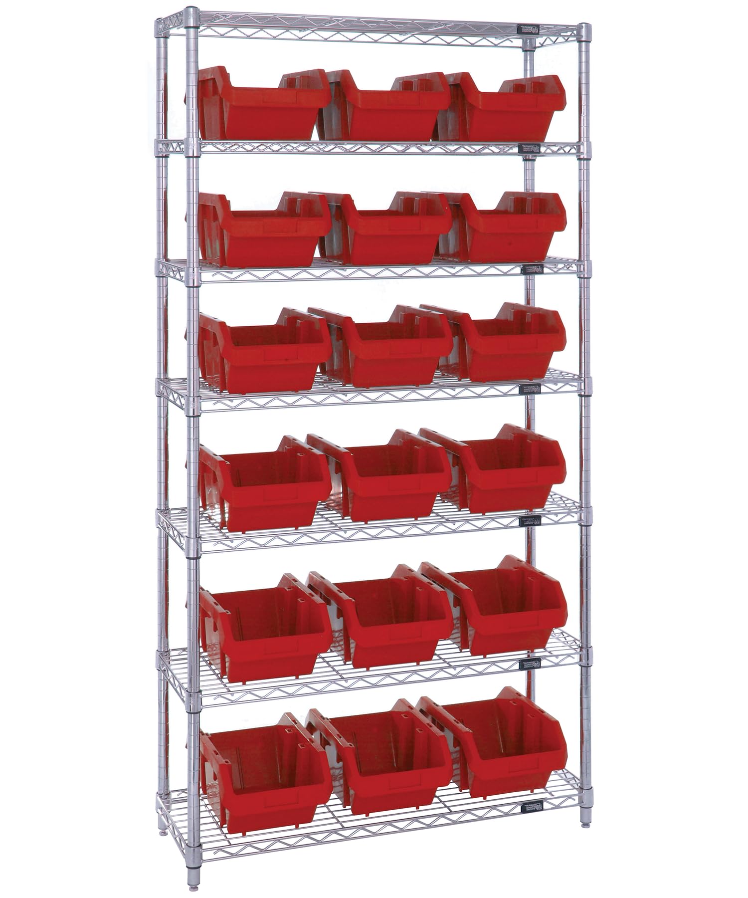 Quantum Storage Systems W7-14-18RD 7-Tier Complete Wire Shelving Unit with 18 Red QuickPick Bins (QP1496) - Chrome Finish, 74