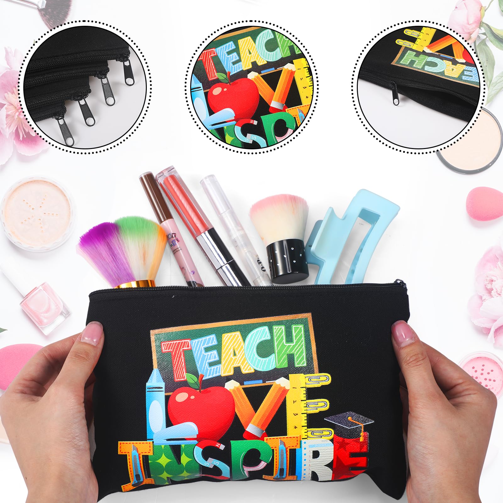 56 Pcs Teacher Appreciation Gift Set - 28 Inspirational Flax Cosmetic Bags & 28 Motivational Quote Keychains - Perfect for Teacher's Day, Graduation, Back to School - Bulk Thank You Gifts for Women Educators (Black) - Ideal for Classroom Rewards, Staff Recognition & Student Appreciation Events
