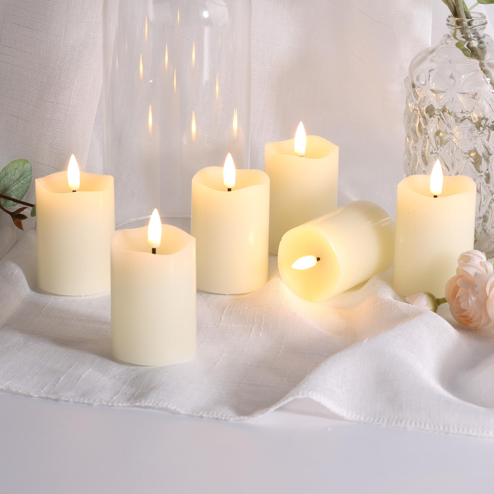 Real Wax Flameless Votive Candles with Timer - Set of 6 Ivory 2x3 inch Flickering LED Pillar Candles Battery Operated for Home Decor, Wedding Centerpieces & Relaxation
