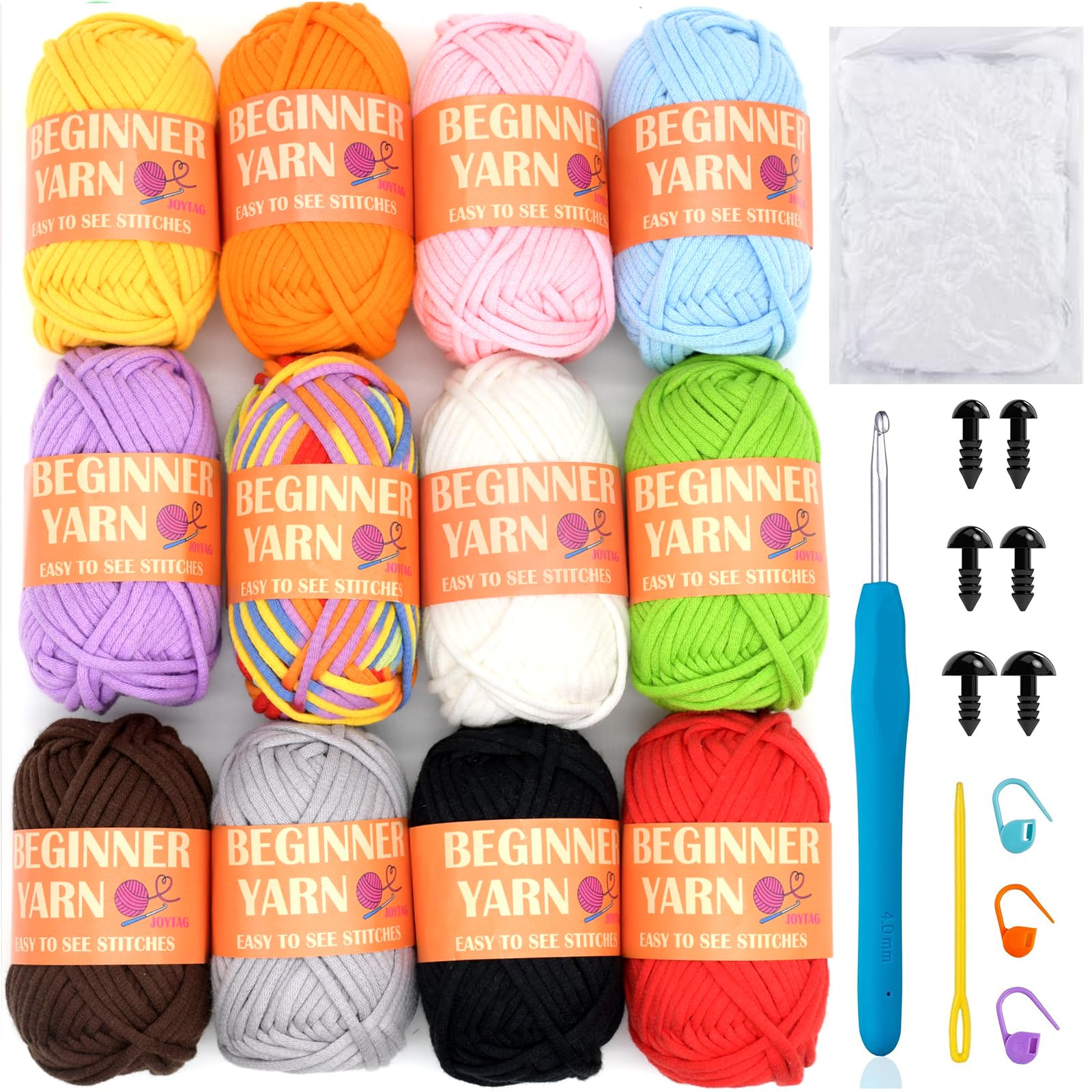 12 Pack Rainbow Cotton Crochet Yarn for Beginners - Blue, Green, Pink, Purple, Yellow - Easy-to-See Stitches Mini Yarn for Crocheting & Knitting (12x25g) - Perfect for DIY Crafts, Baby Blankets, Scarves & Amigurumi Projects