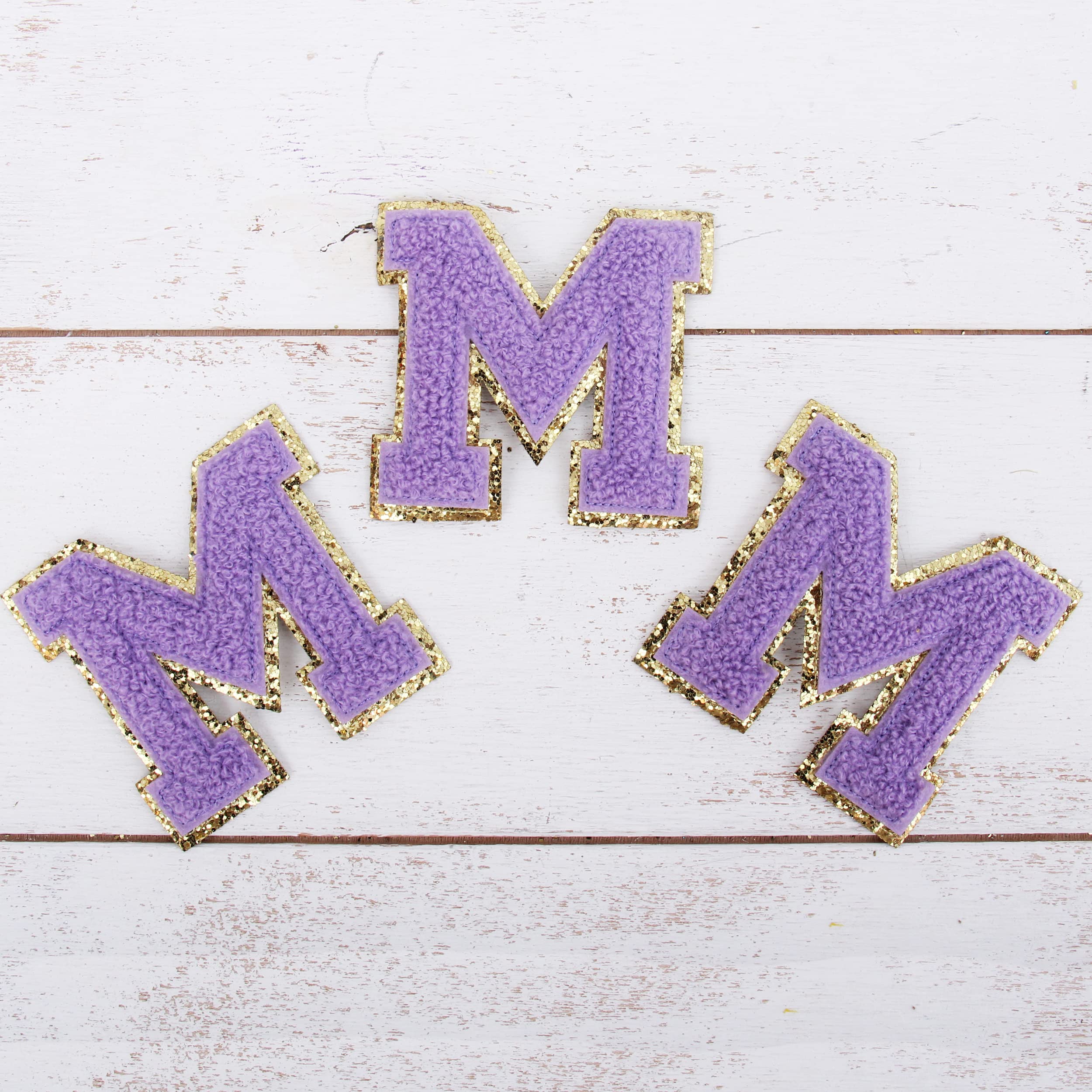 3 Pack Lavender Chenille Iron-On Glitter Varsity Letter Patches (8cm Tall 