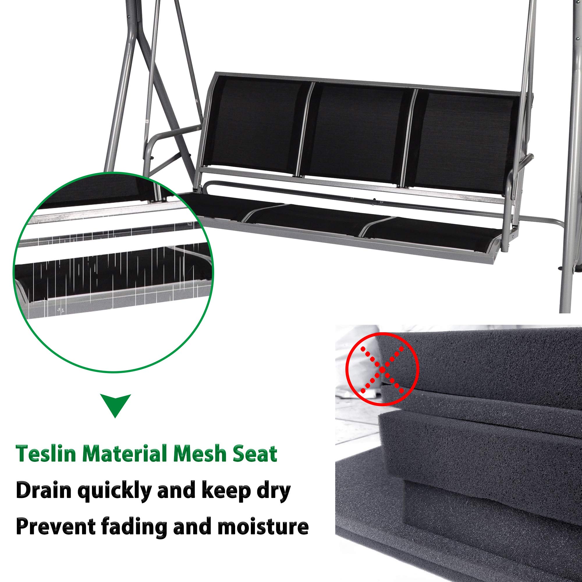 3-Person Outdoor Patio Swing with Cooling Mesh Seat & Adjustable Canopy - Steel Frame Swing Glider Bench for Garden, Deck, Backyard - Perfect for Relaxing, Lounging & Outdoor Entertaining