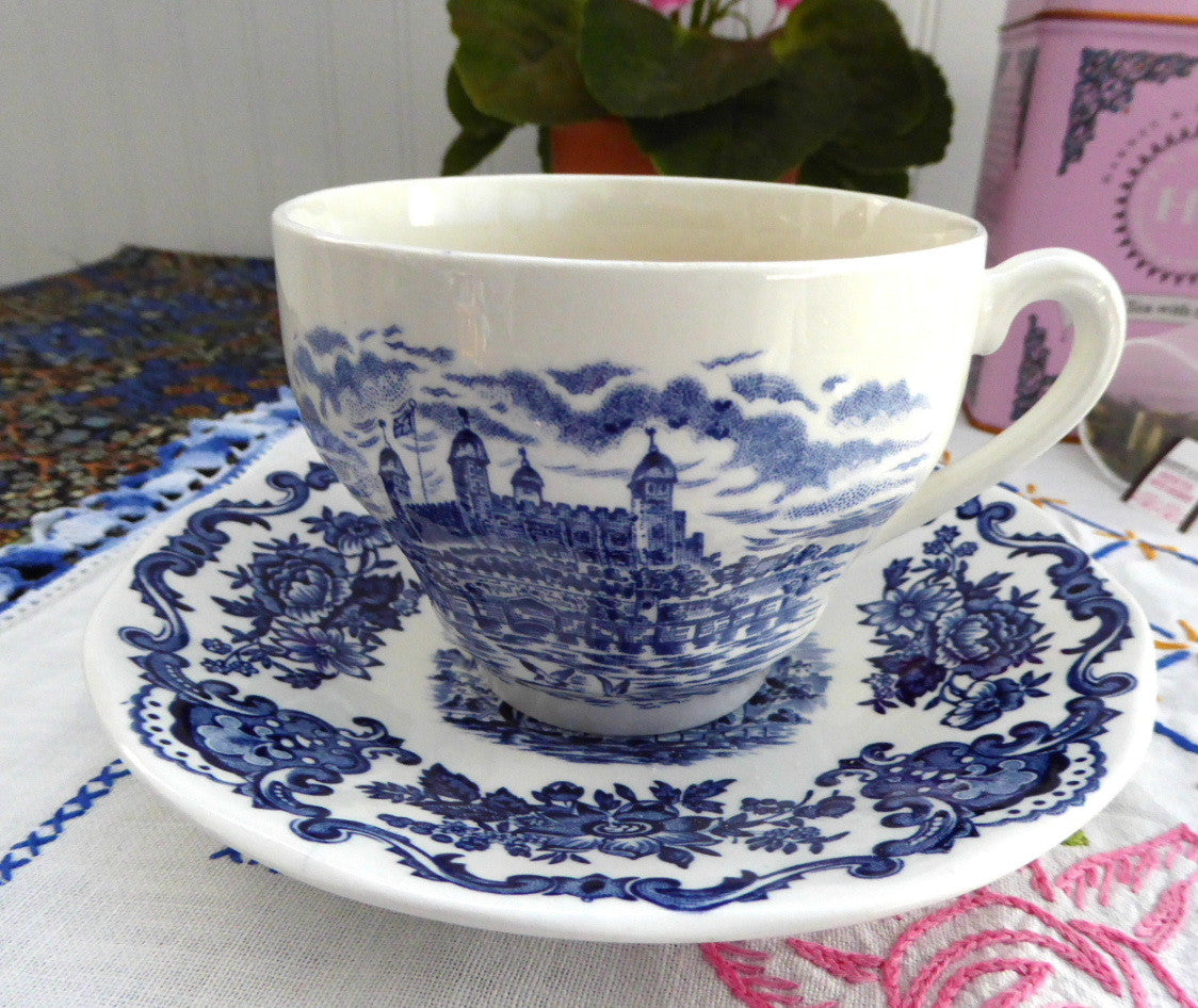 Vintage 1960s Royal Homes of Britain Blue Transferware Cup and Saucer Set - Balmoral Castle Design - Perfect for Afternoon Tea, Collectible British Tableware, and Home Decor