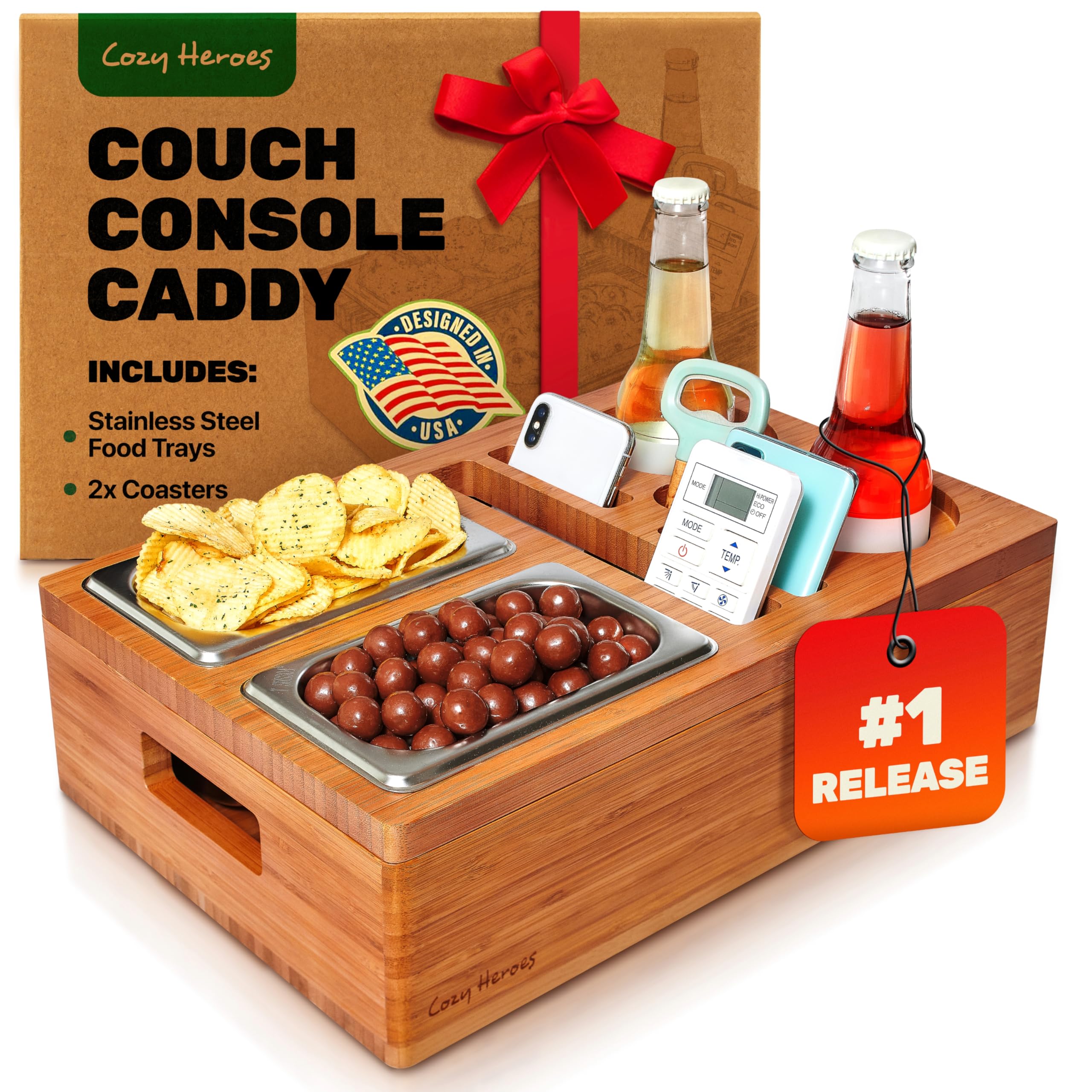Minimalist Scandinavian Bamboo Couch Cup Holder Tray - Sofa & Bed Drink Snack Caddy - Perfect for Movie Nights, Gaming Sessions & Relaxing in Bed
