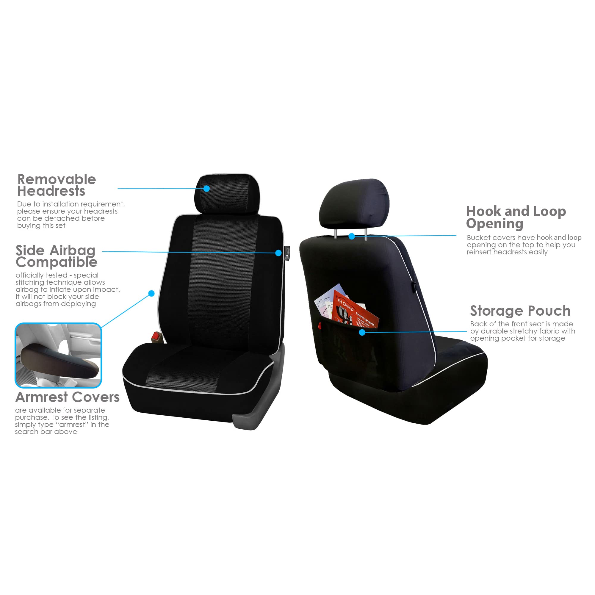 FH Group Universal Black Car Seat Covers with Edgy Piping - Full Set Cloth Seat Protectors for Cars, Trucks & SUVs | Airbag Compatible, Split Rear Design | Durable Interior Accessories for Daily Commute & Road Trips